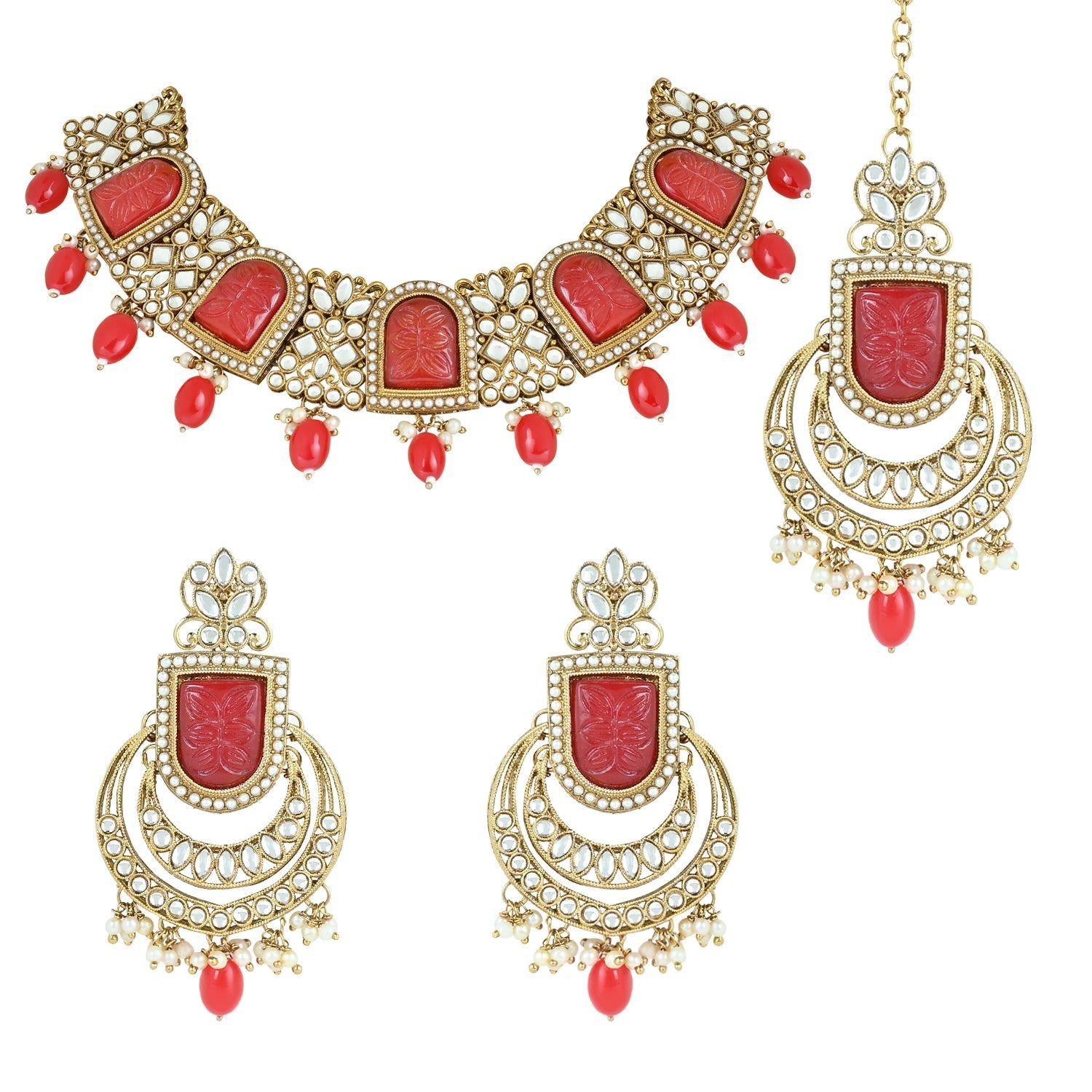 Women's 18k Gold Plated Traditional Red Pearl Kundan & Stone Studded Jewellery Necklace Set with Maang Tikka