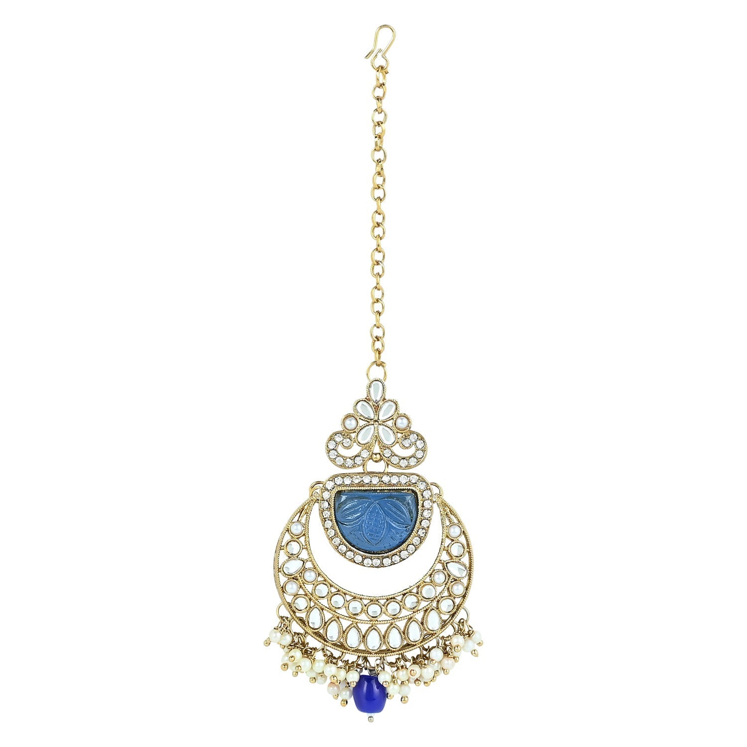 Women's 18k Gold Plated Traditional Pearl Kundan & Stone Studded Jewellery Necklace Set with Maang Tikka