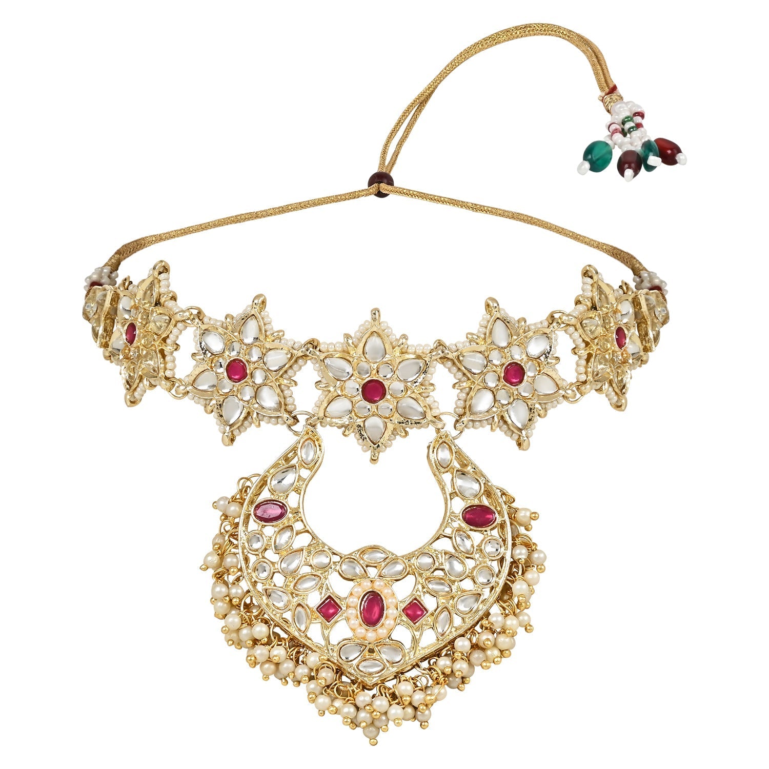Women's 18K Gold Plated Traditional Handcrafted Stone Studded Pearl Choker Necklace Jewellery Set With Earrings & Finger ring