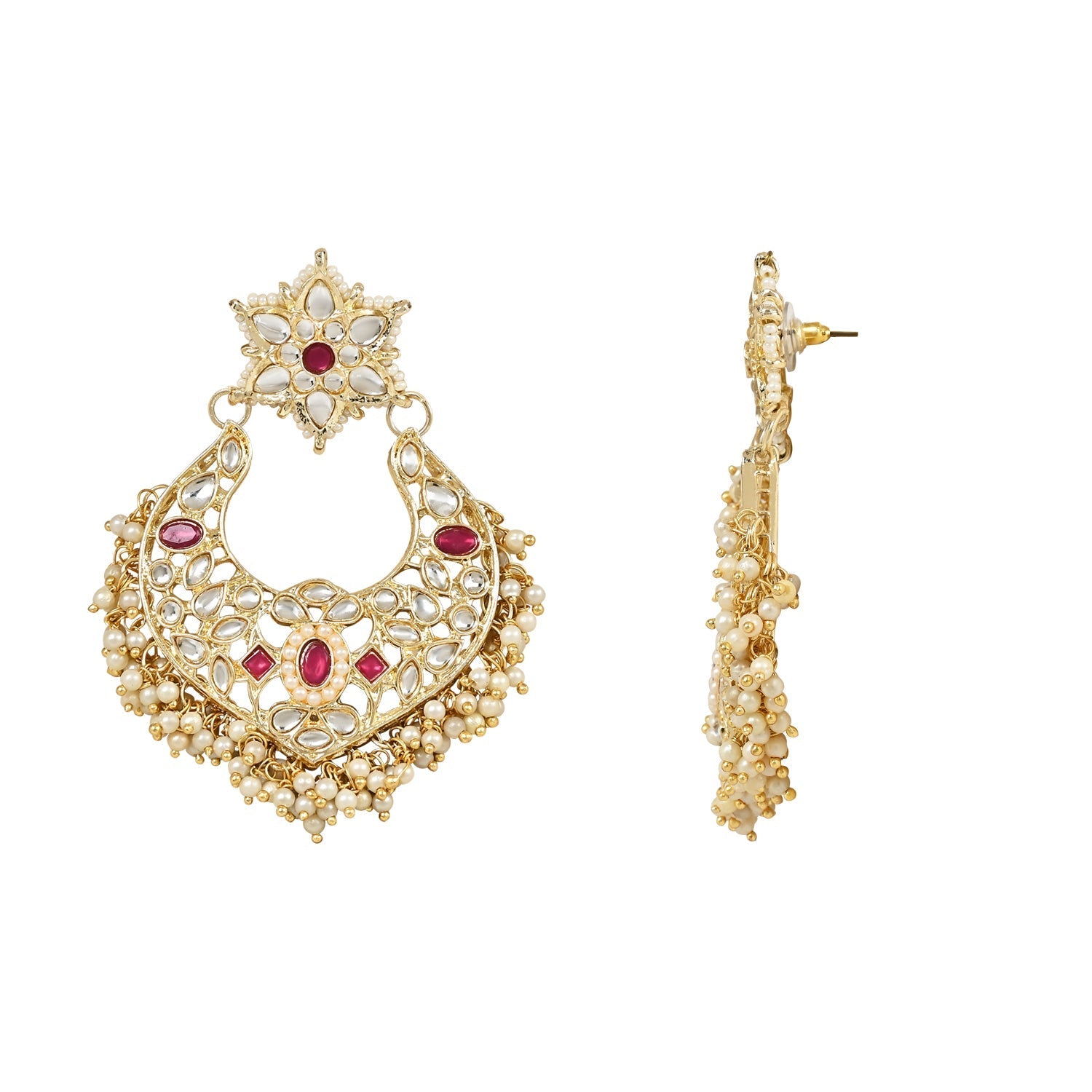 Women's 18K Gold Plated Traditional Handcrafted Stone Studded Pearl Choker Necklace Jewellery Set With Earrings & Finger ring