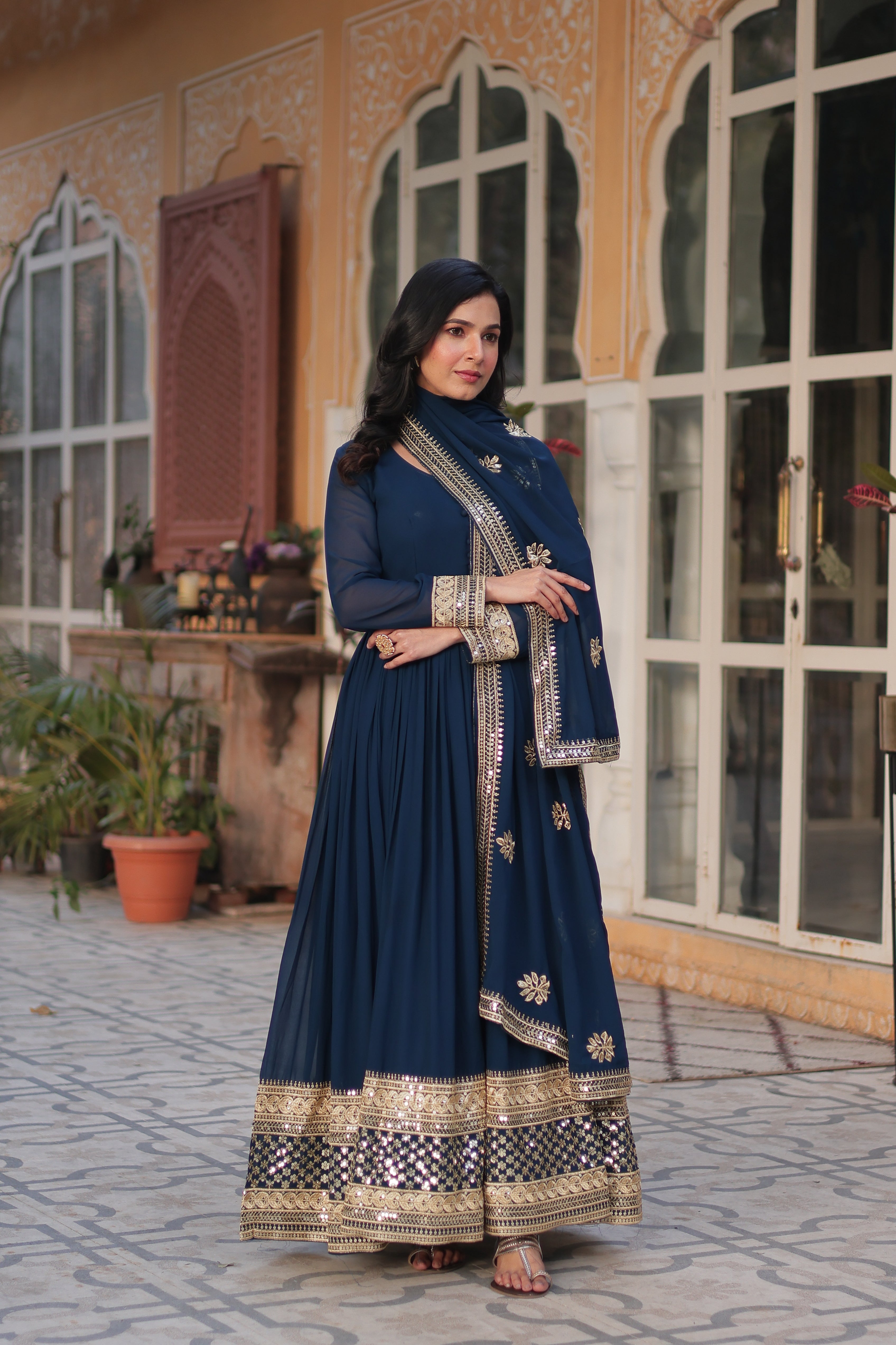 Women's Blue Color Faux Blooming Gown Set