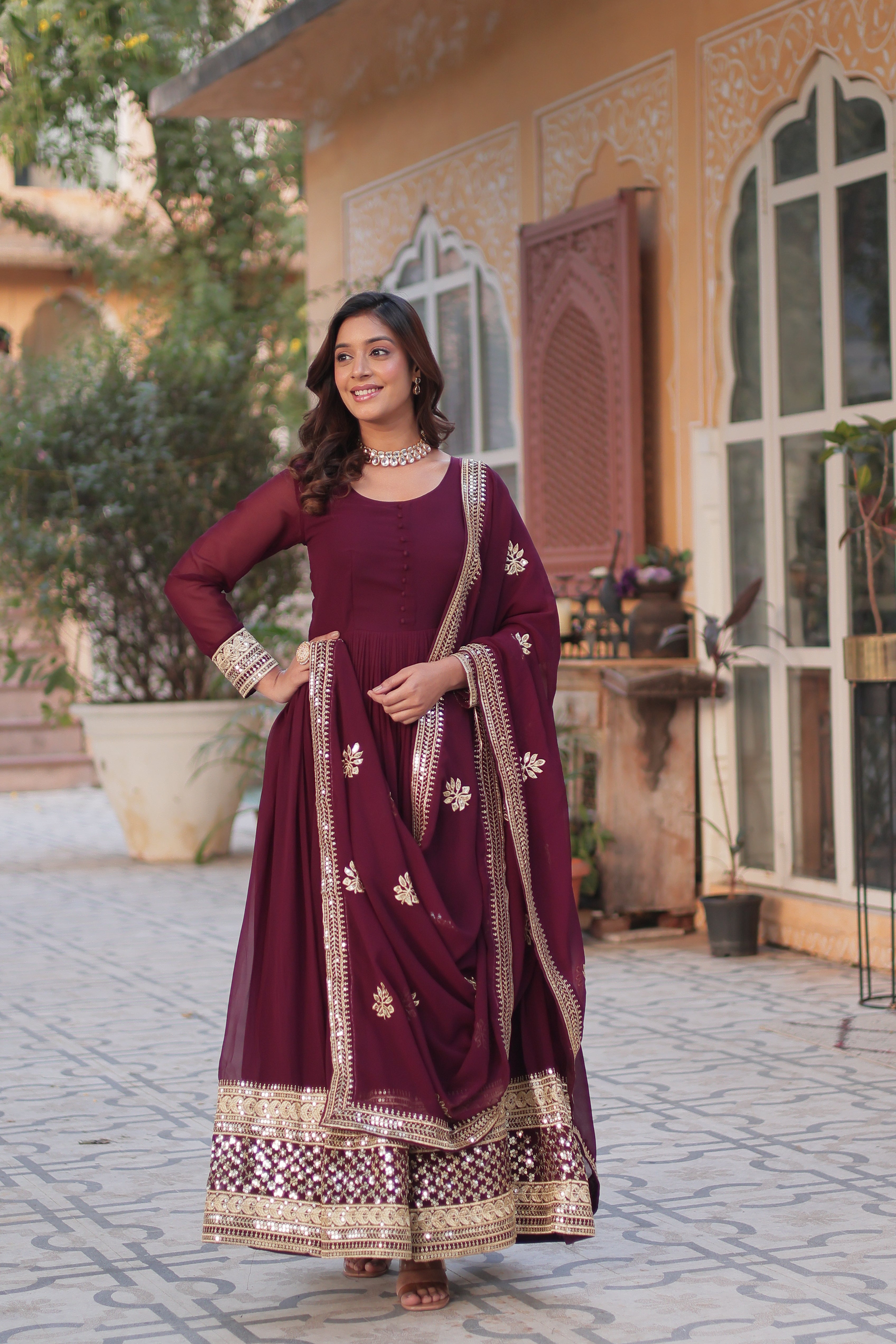 Women's Wine Color Faux Blooming Gown Set