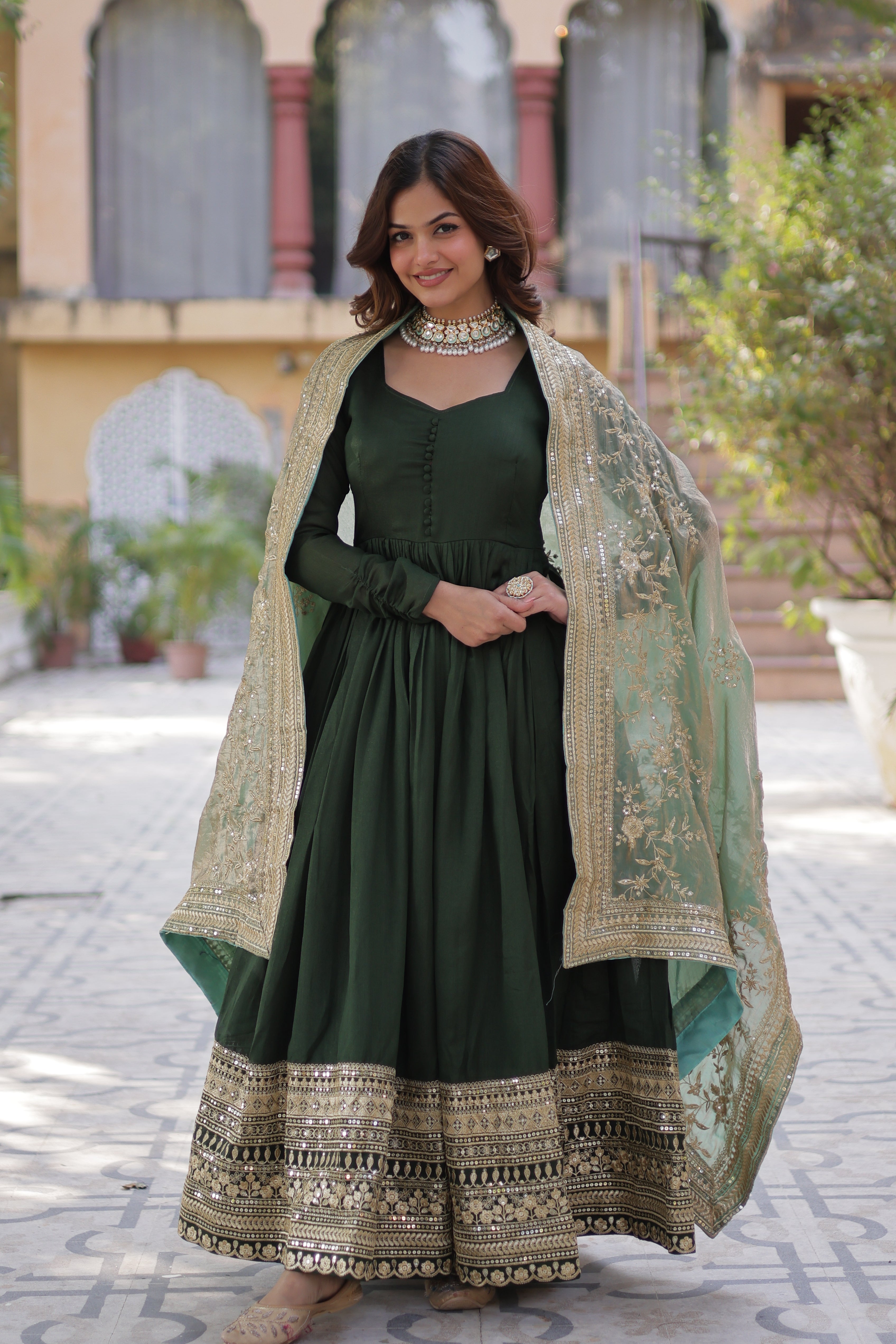 Women's Green Color Shimmer Vichitra Gown Set