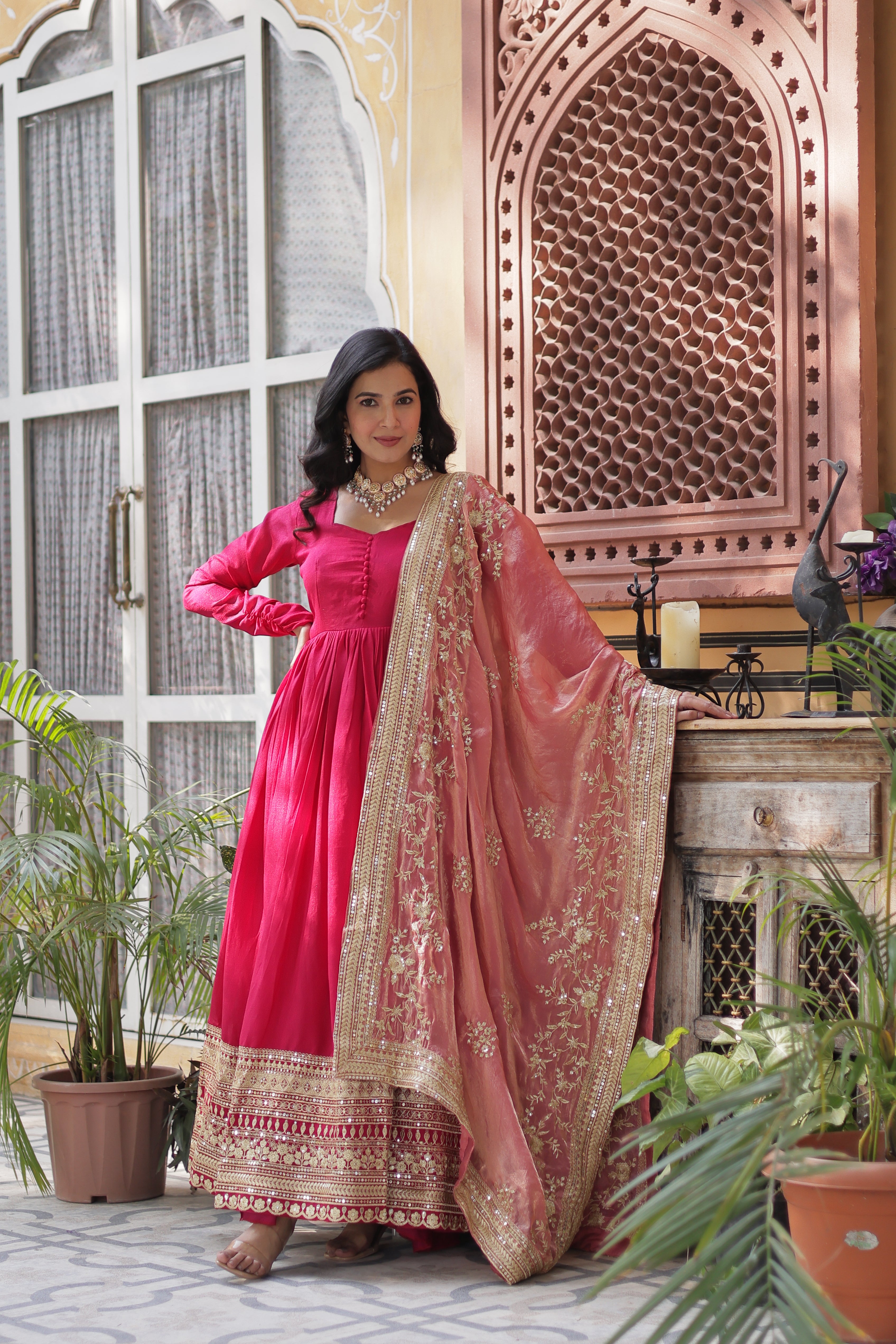 Women's Pink Color Shimmer Vichitra Gown Set