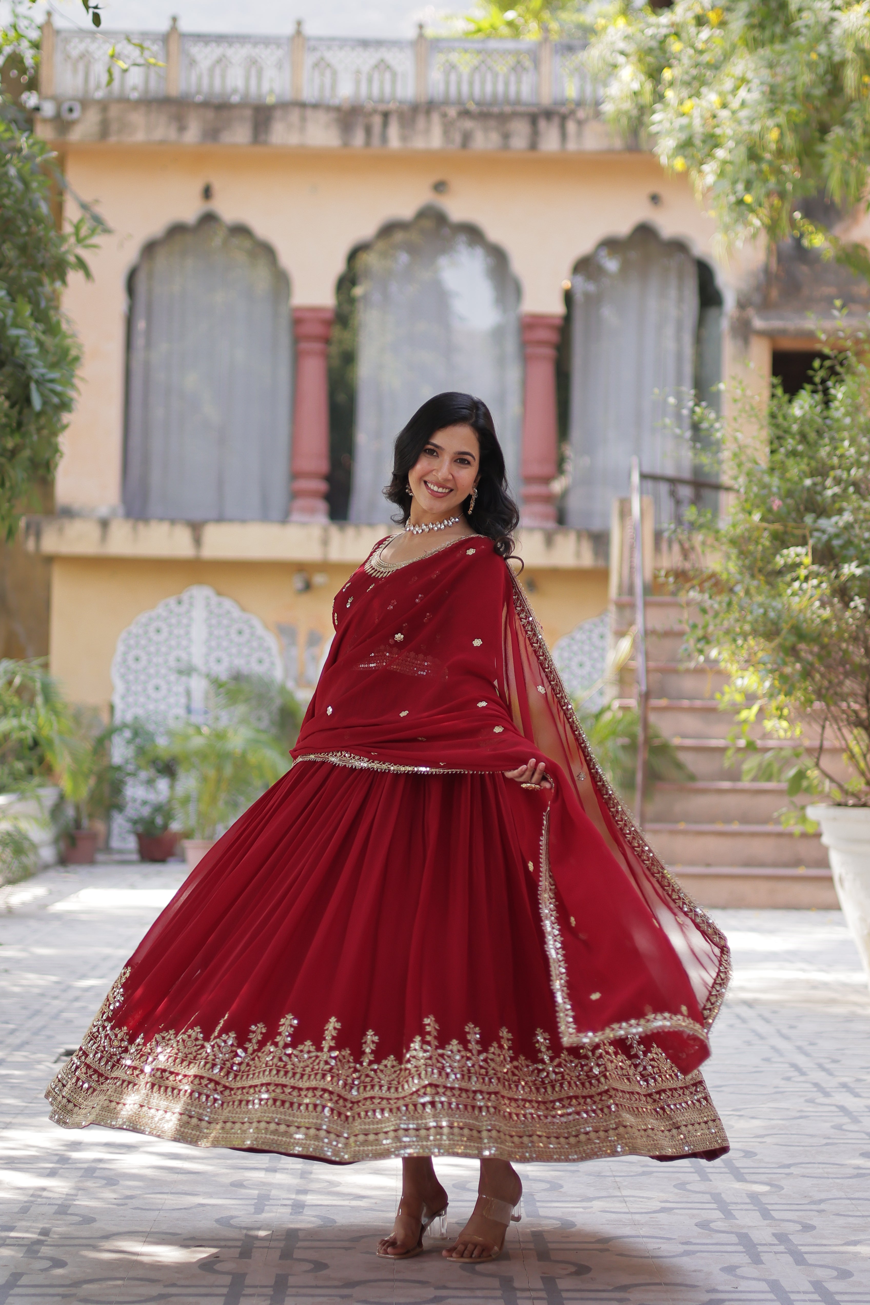 Women's Maroon Color Faux Blooming Gown Set