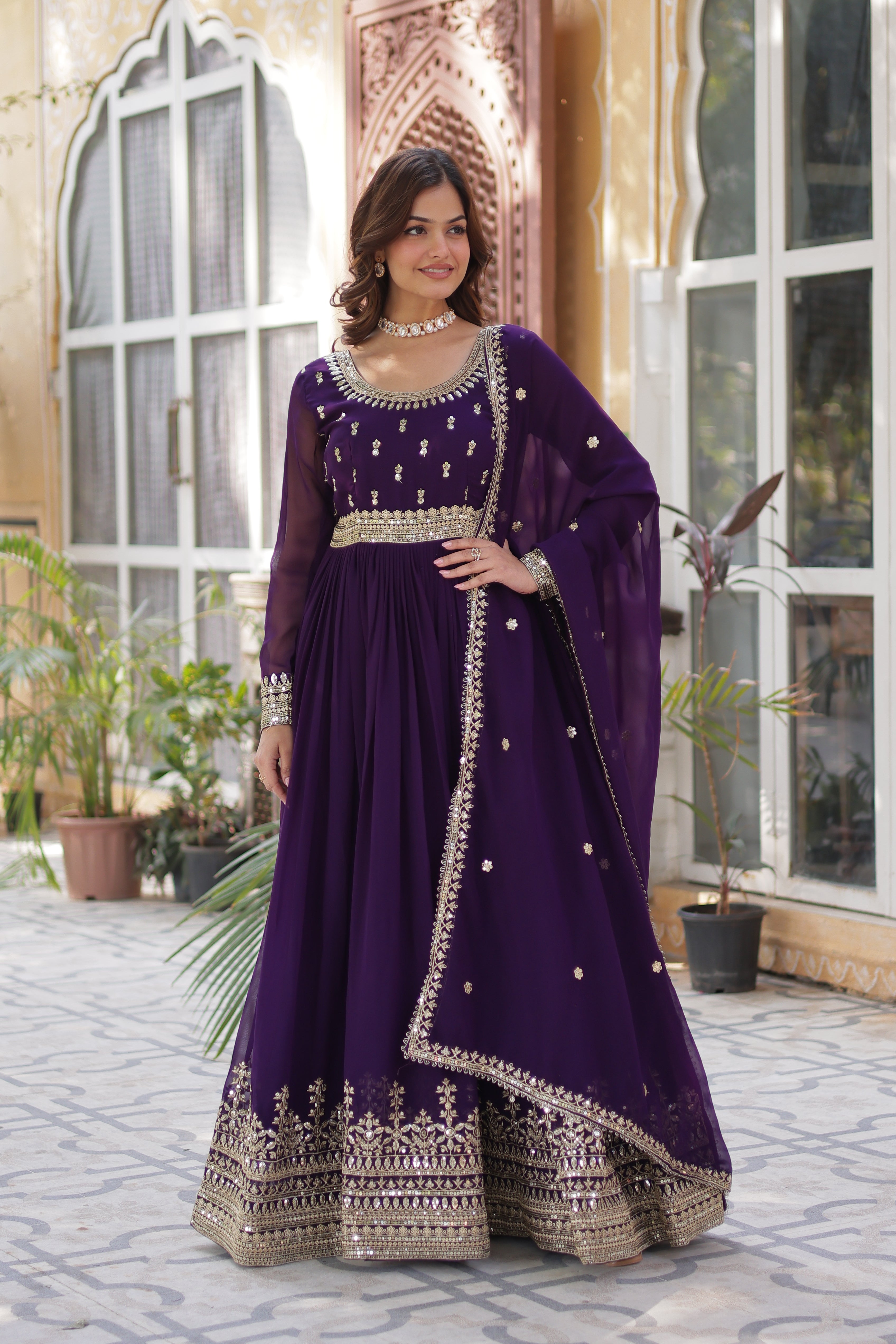 Women's Purple Color Faux Blooming Gown Set