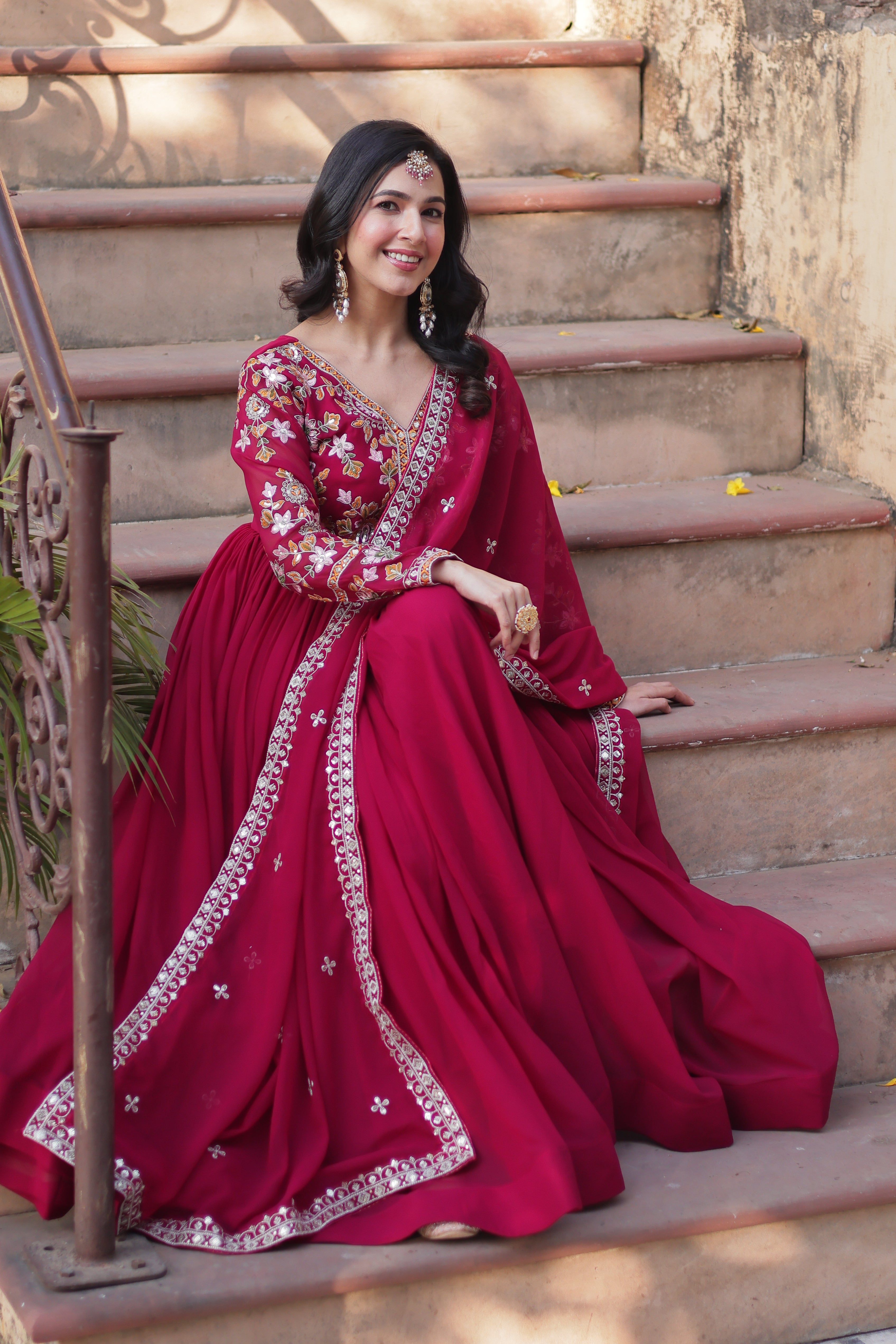 Women's Pink Color Faux Blooming Gown Set