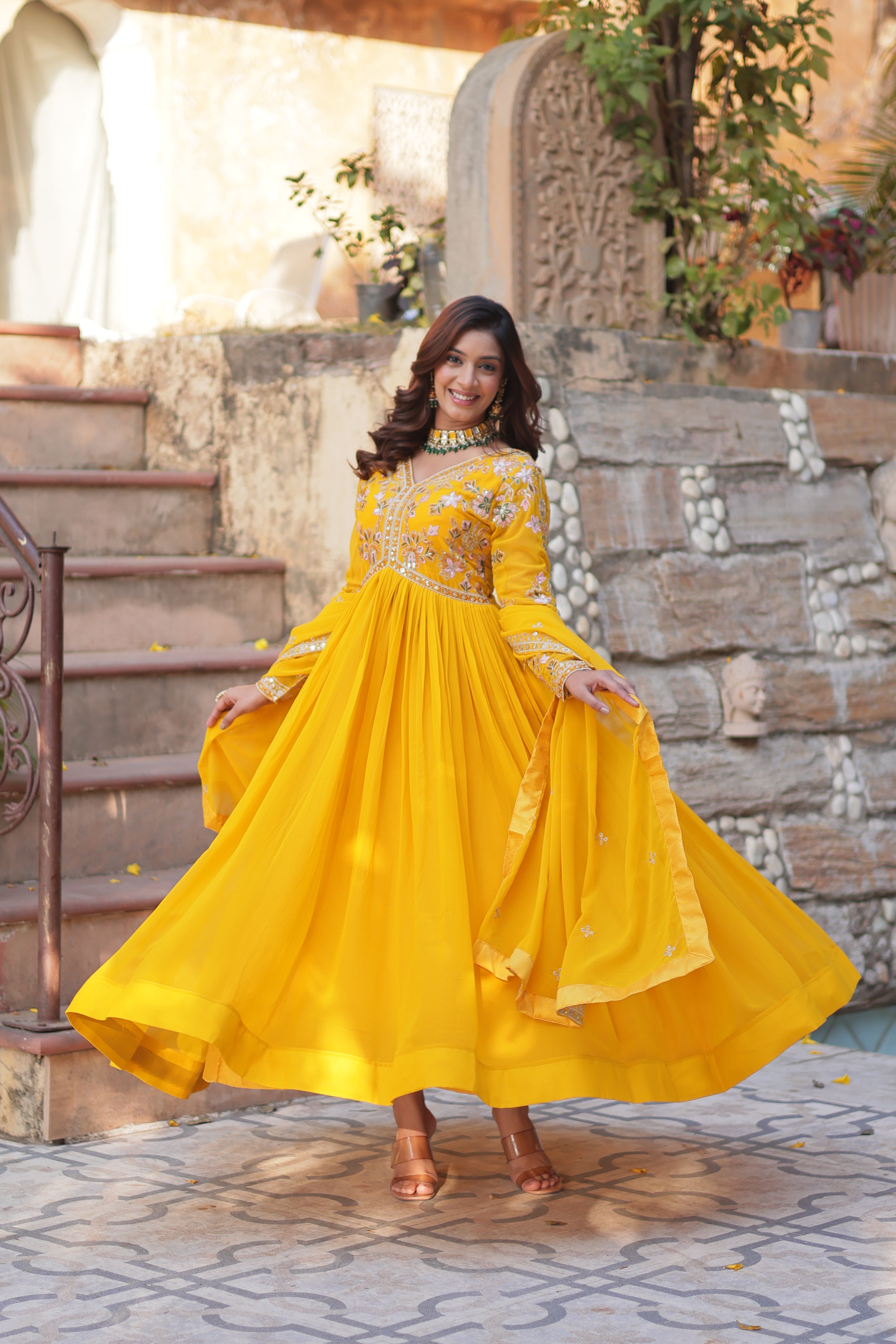 Women's Yellow Color Faux Blooming Gown Set