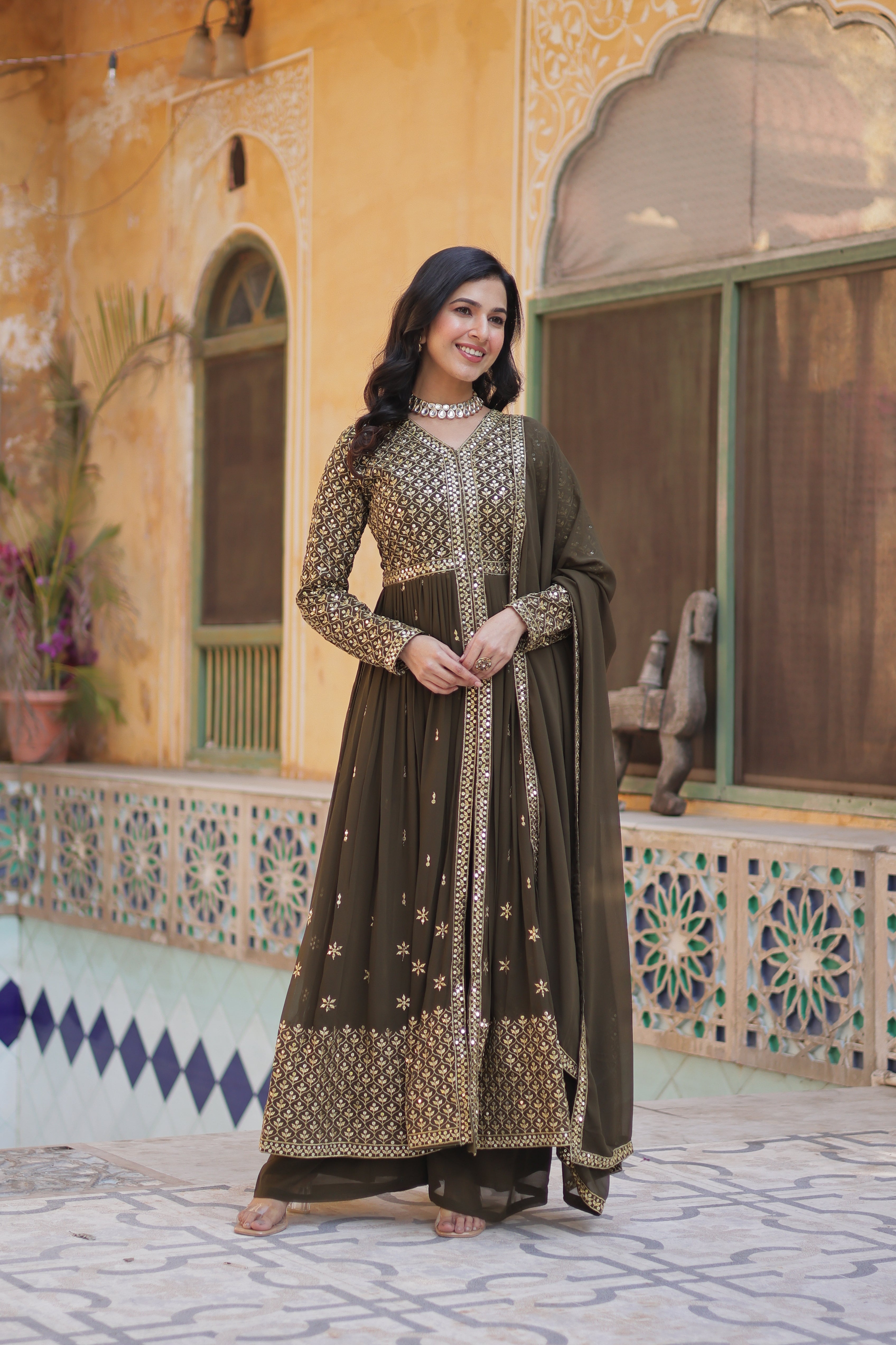 Women's Mehendi Color Faux Georgette Kurti Set