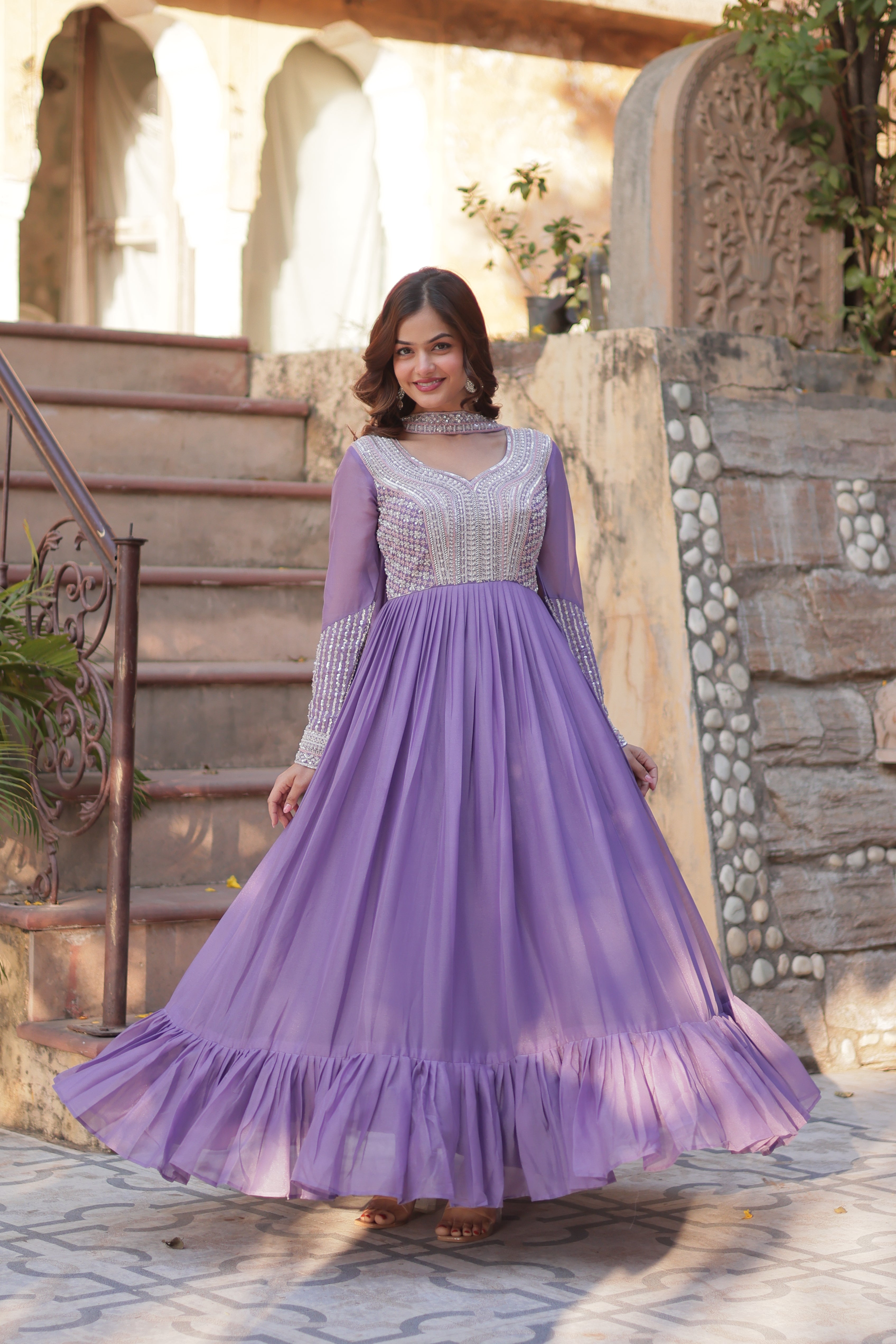 Women's Lavender Color Star Georgette Gown Set