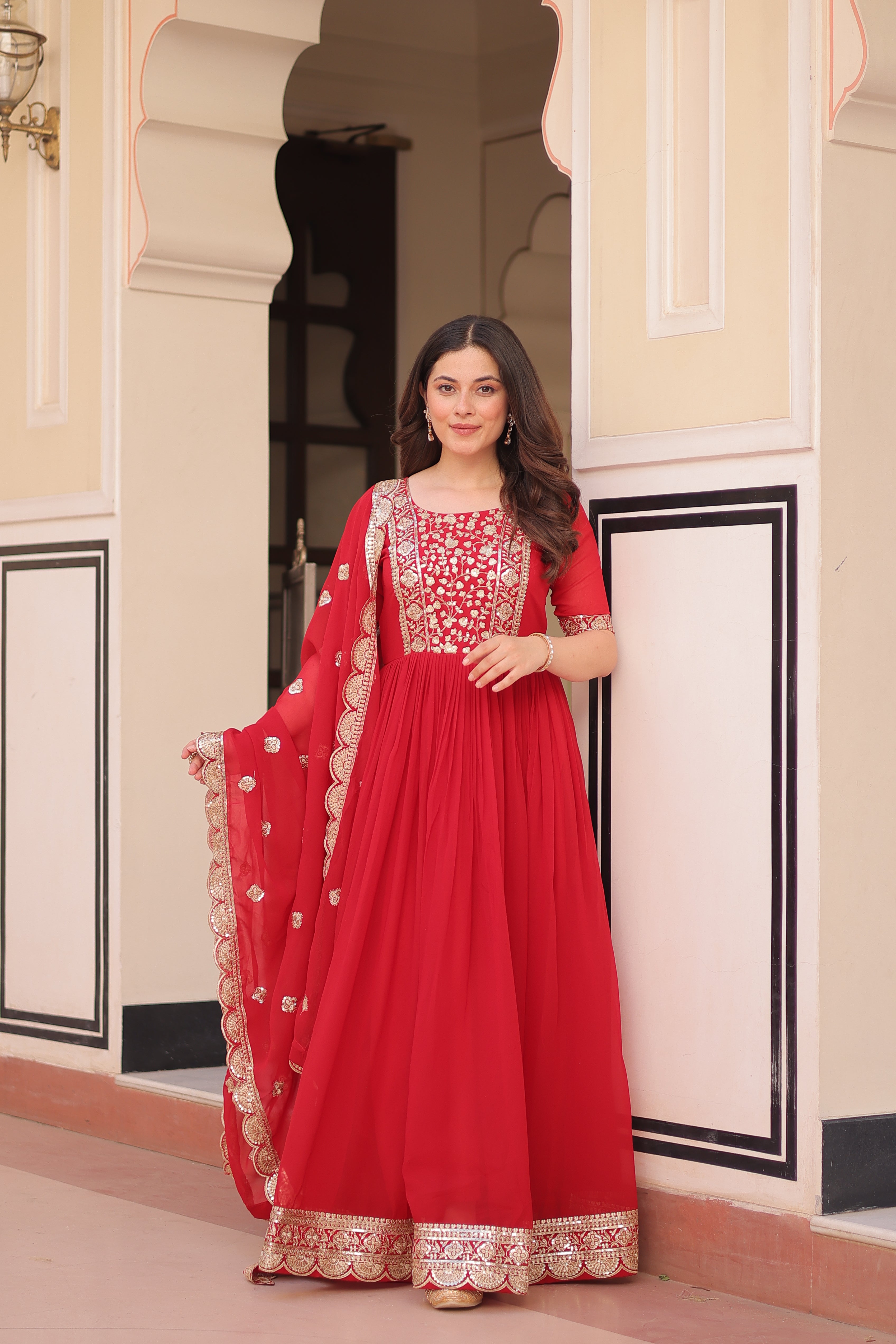 Women's Red Georgette sequence Embroidery Work Anarkali, Red / 34 | Trendia Global Women's Red Georgette sequence Embroidery Work Anarkali, Red / 34 | Trendia Global