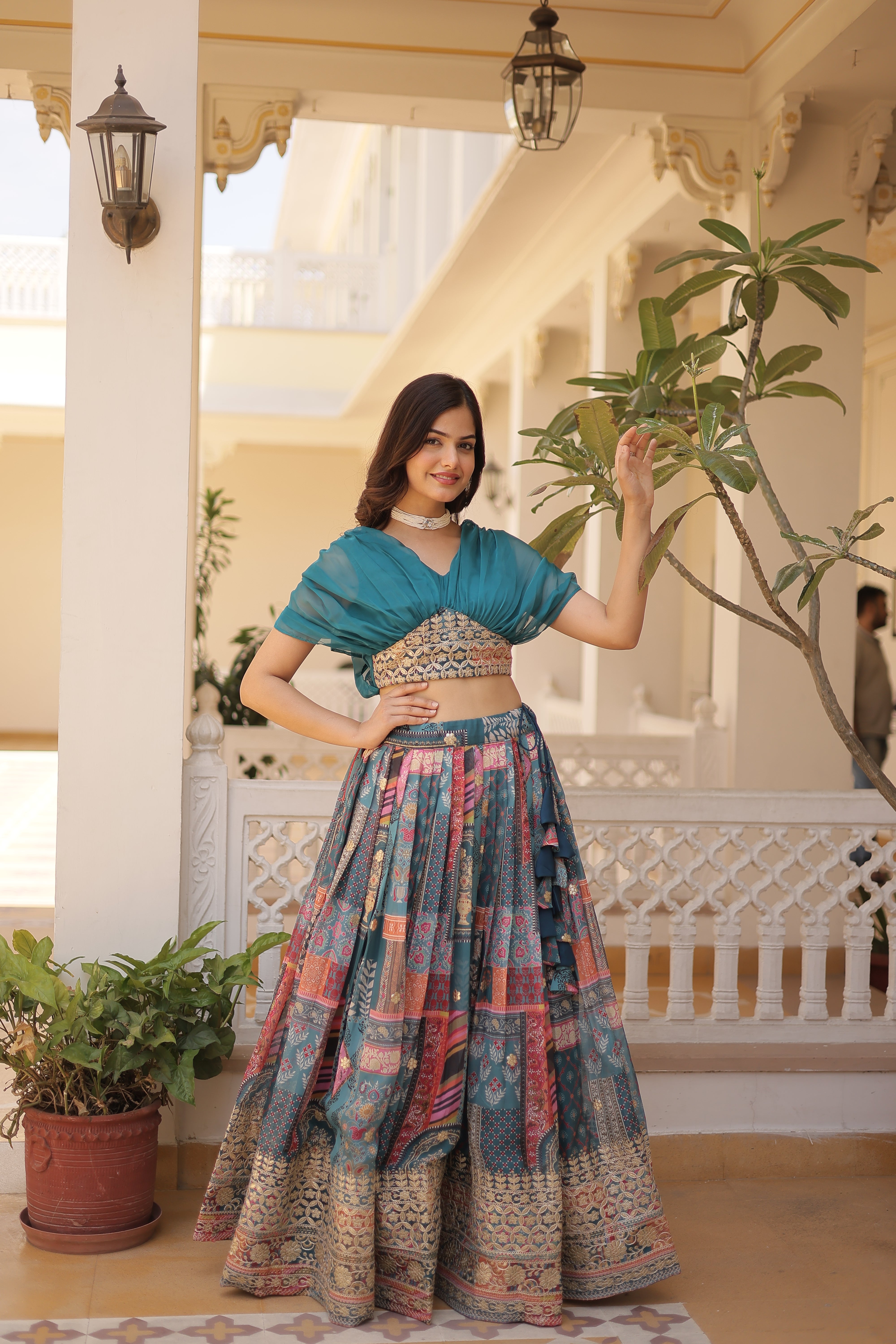 Women's Teal Color Russian Silk Rich Digital Printed Lehenga Choli