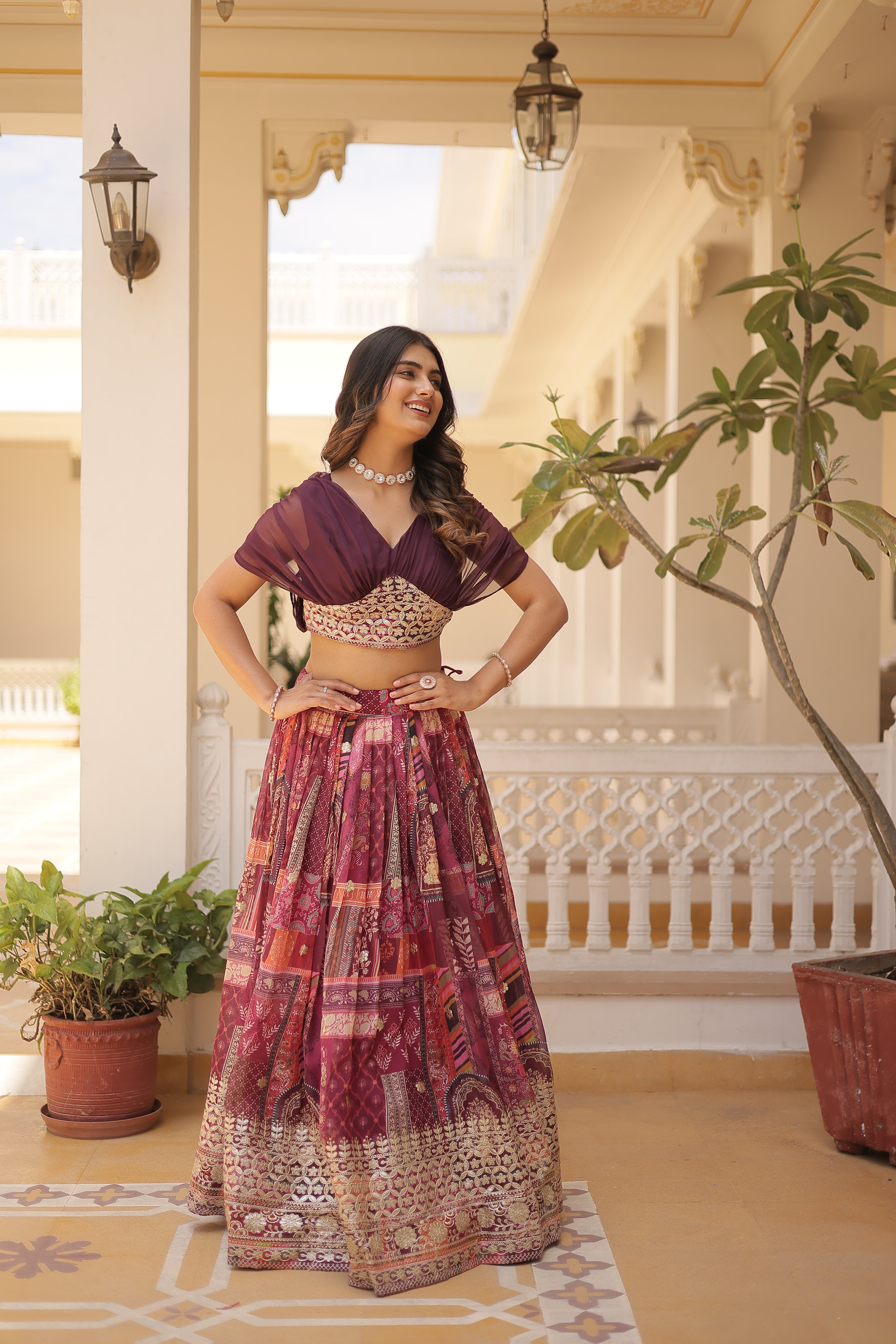 Women's Wine Color Russian Silk Rich Digital Printed Lehenga Choli
