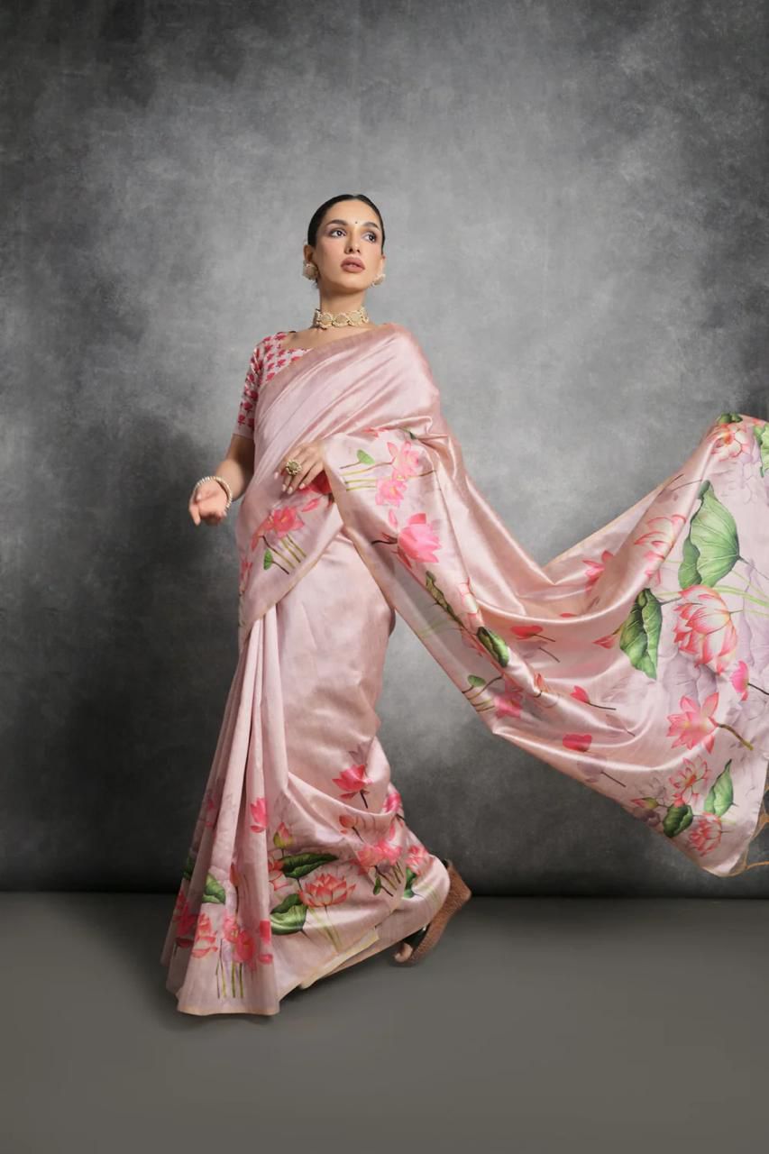 Women's Pink Silk Digital Print Saree - Dwija Fashion