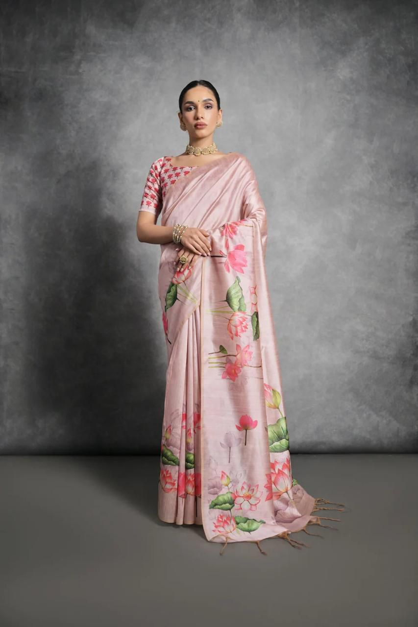 Women's Pink Silk Digital Print Saree - Dwija Fashion