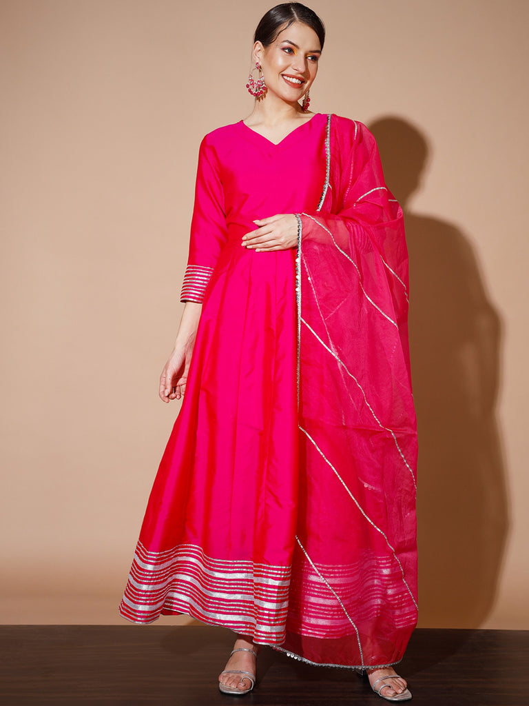 Women's Pink Solid Kurta & With Dupatta