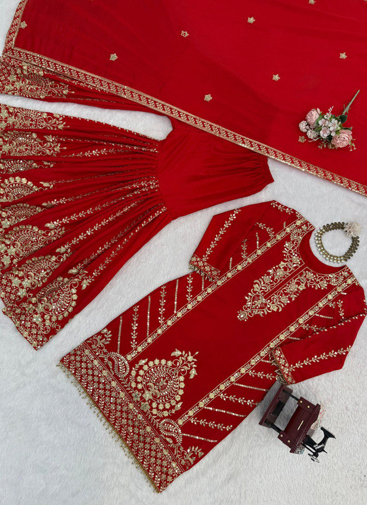 Women's Red Chinon Silk Sharara Set With Dupatta