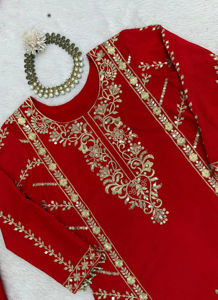 Women's Red Chinon Silk Sharara Set With Dupatta