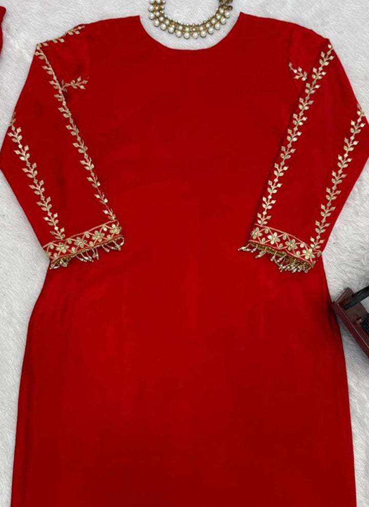 Women's Red Chinon Silk Sharara Set With Dupatta