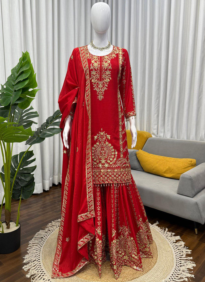 Women's Red Chinon Silk Sharara Set With Dupatta