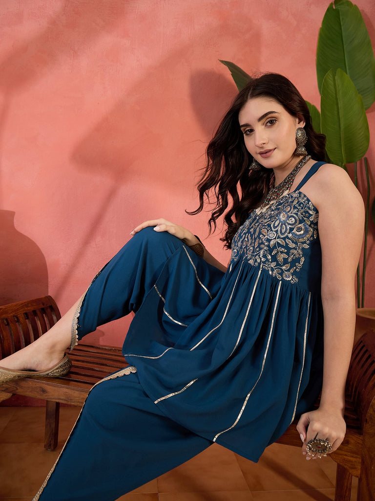 Women's Blue Solid & Embroidered Rayon A-Line Kurti with Dhoti Pant
