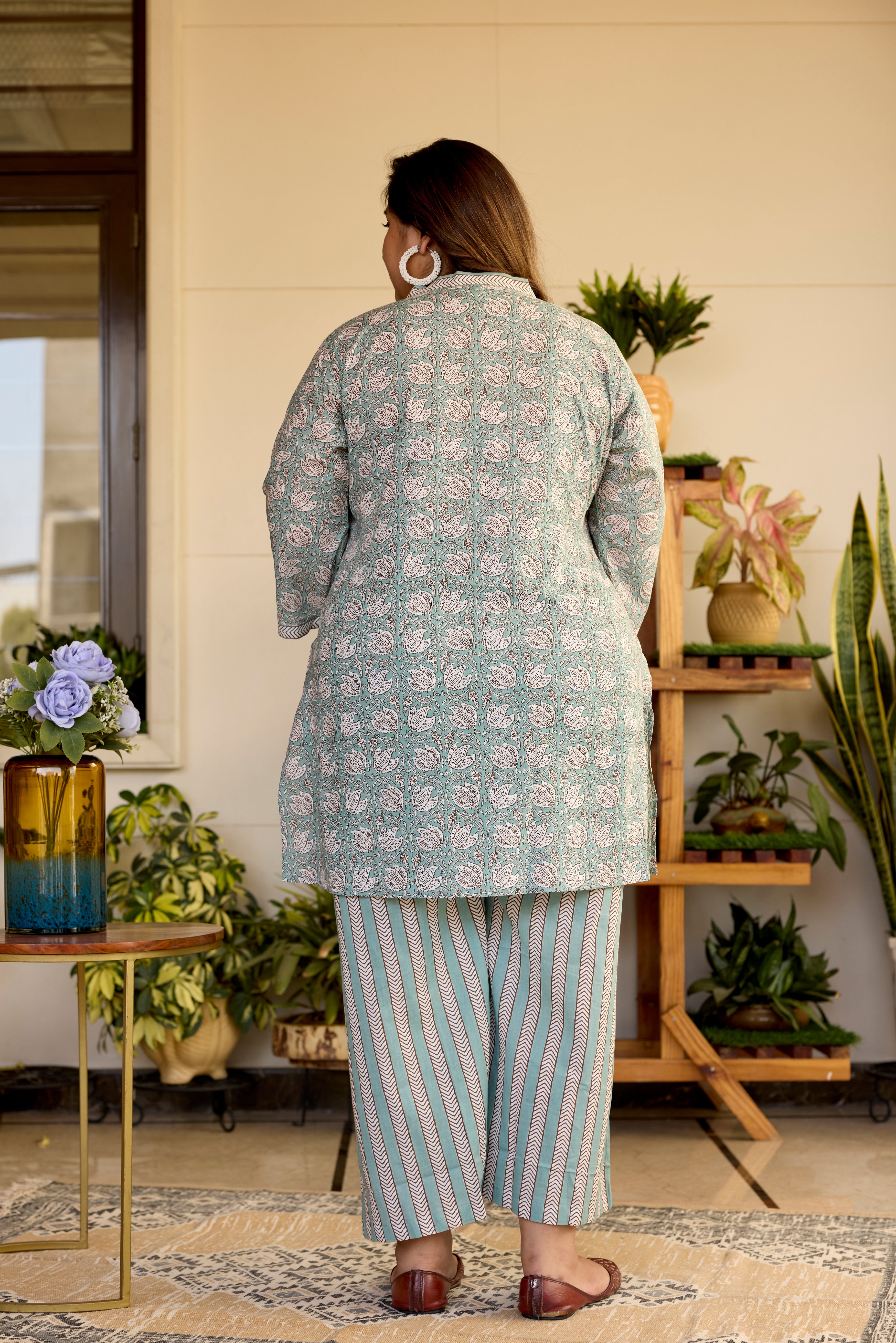 Women's Mint Floral Short V-Neck Kurta & Striped Palazzo Set - (Set Of 2) - Nangalia Ruchira