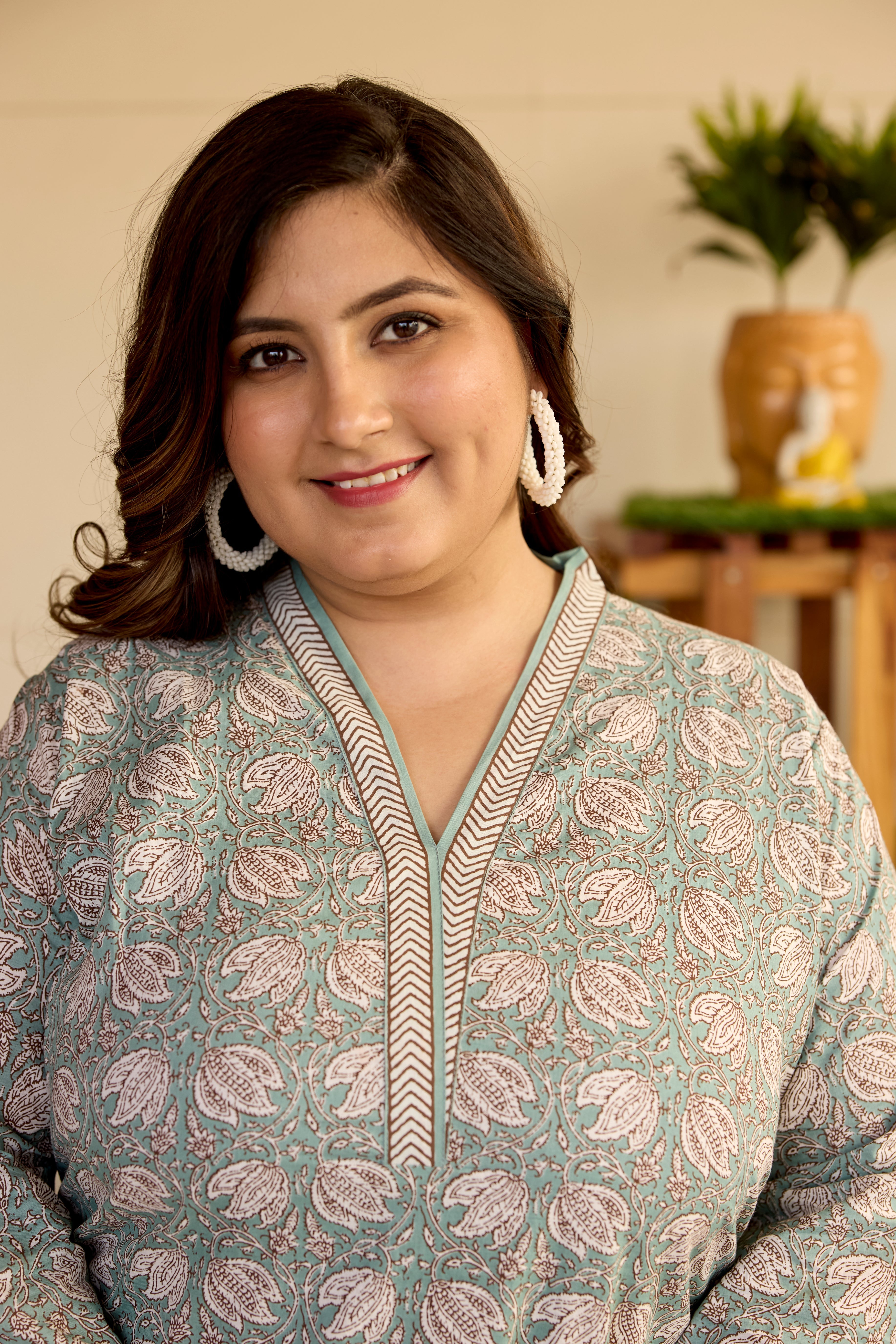 Women's Mint Floral Short V-Neck Kurta & Striped Palazzo Set - (Set Of 2) - Nangalia Ruchira