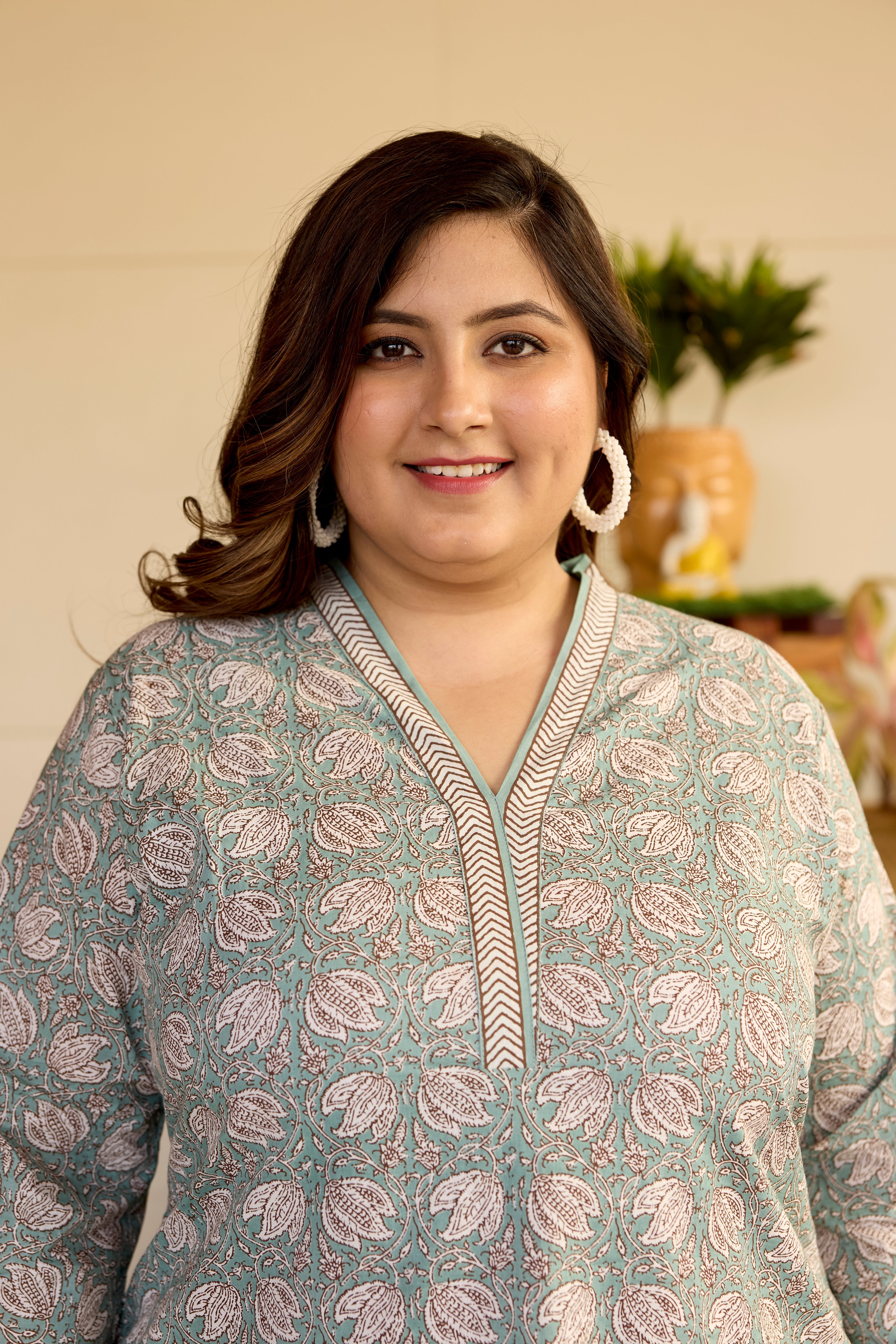 Women's Mint Floral Short V-Neck Kurta & Striped Palazzo Set - (Set Of 2) - Nangalia Ruchira