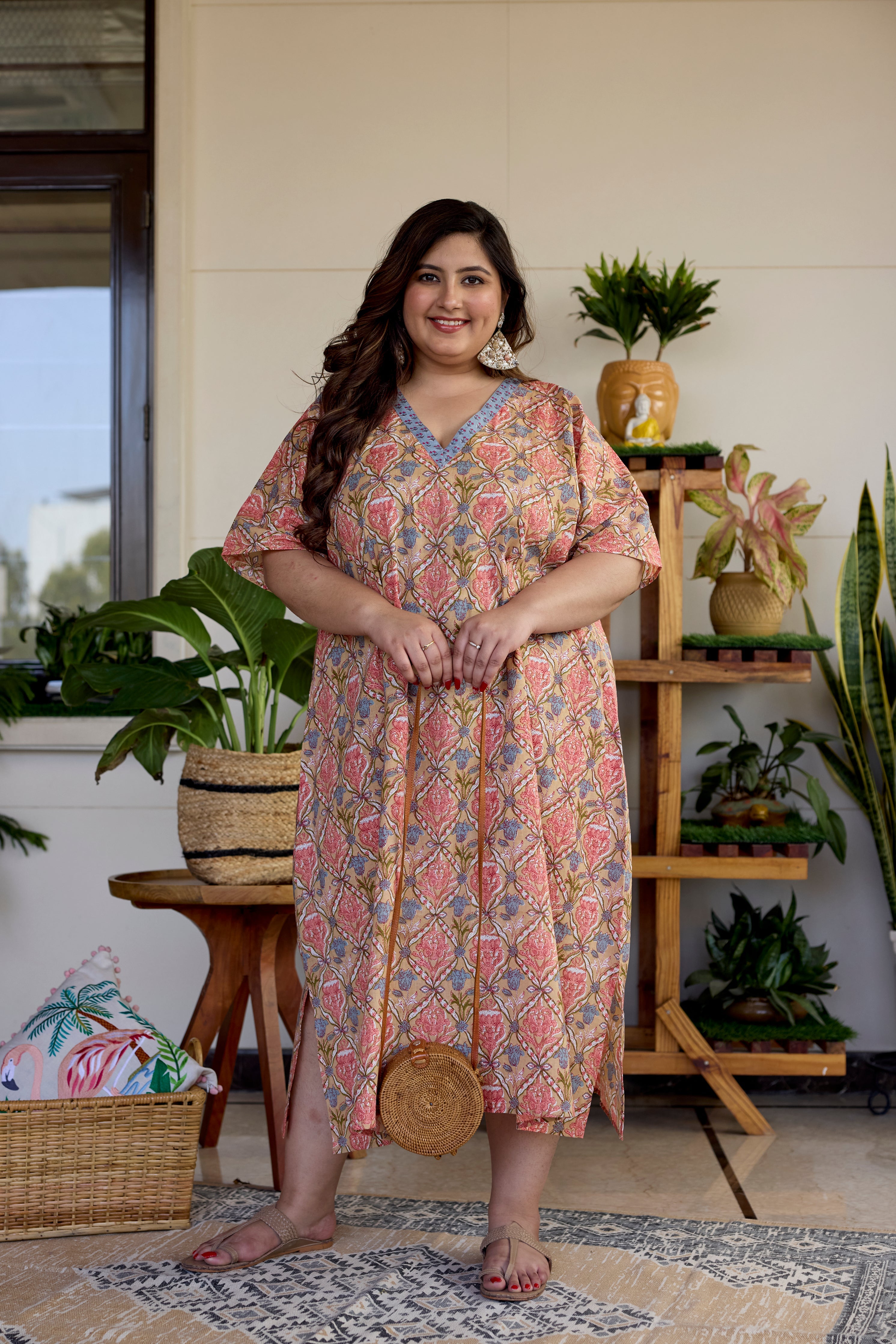 Women's Blush Block Print Cotton Relaxed Dress - Nangalia Ruchira