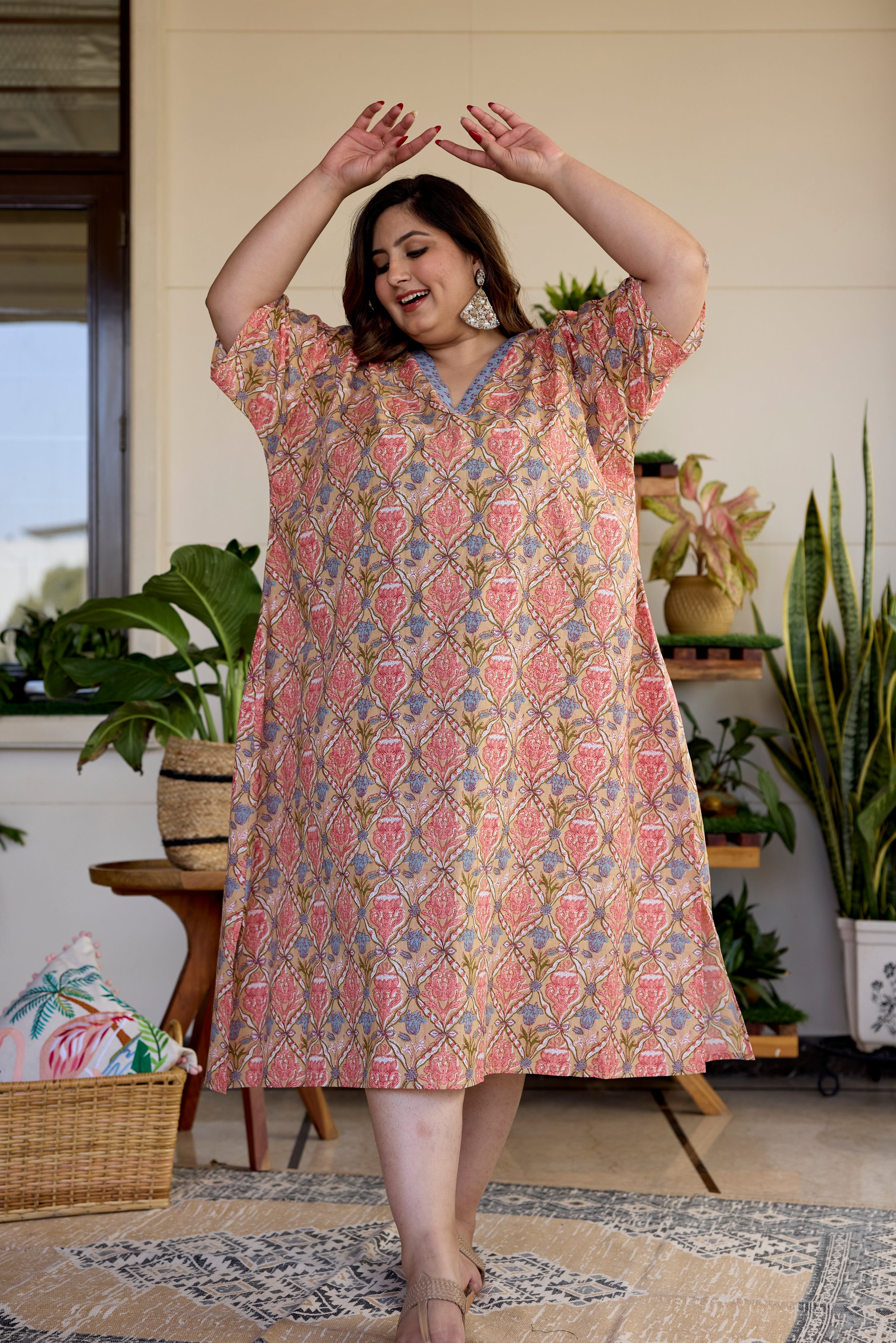 Women's Blush Block Print Cotton Relaxed Dress - Nangalia Ruchira