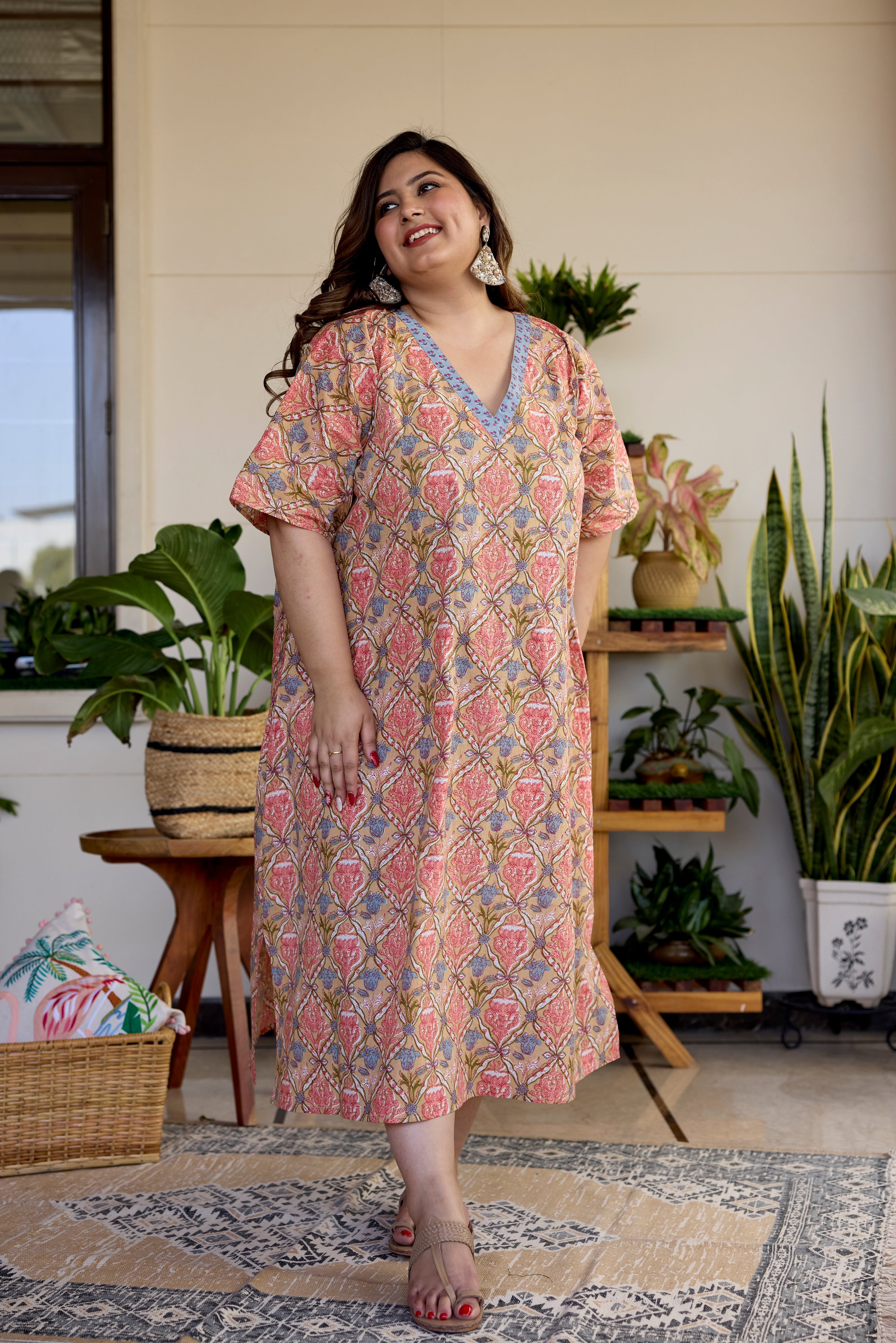 Women's Blush Block Print Cotton Relaxed Dress - Nangalia Ruchira