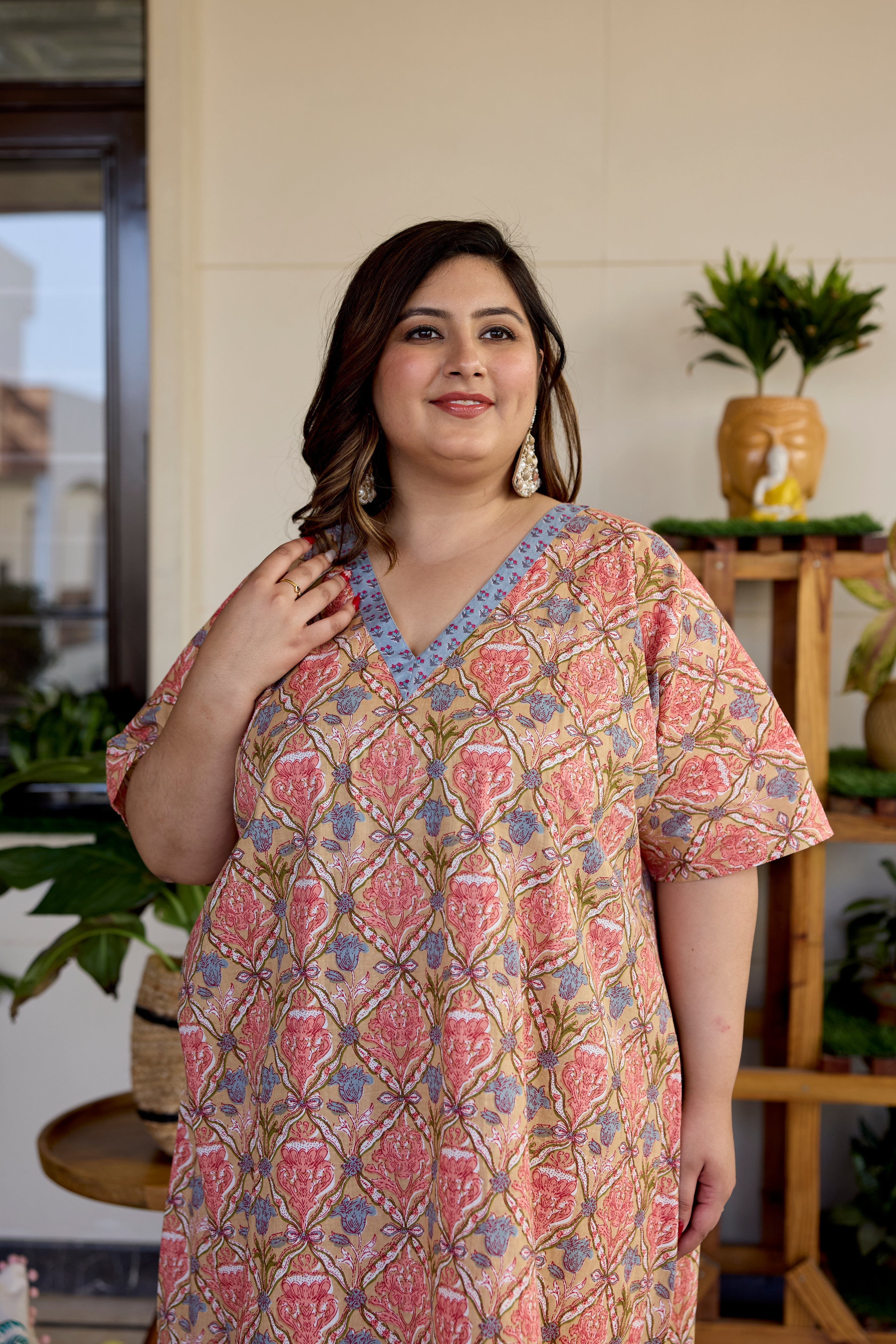 Women's Blush Block Print Cotton Relaxed Dress - Nangalia Ruchira