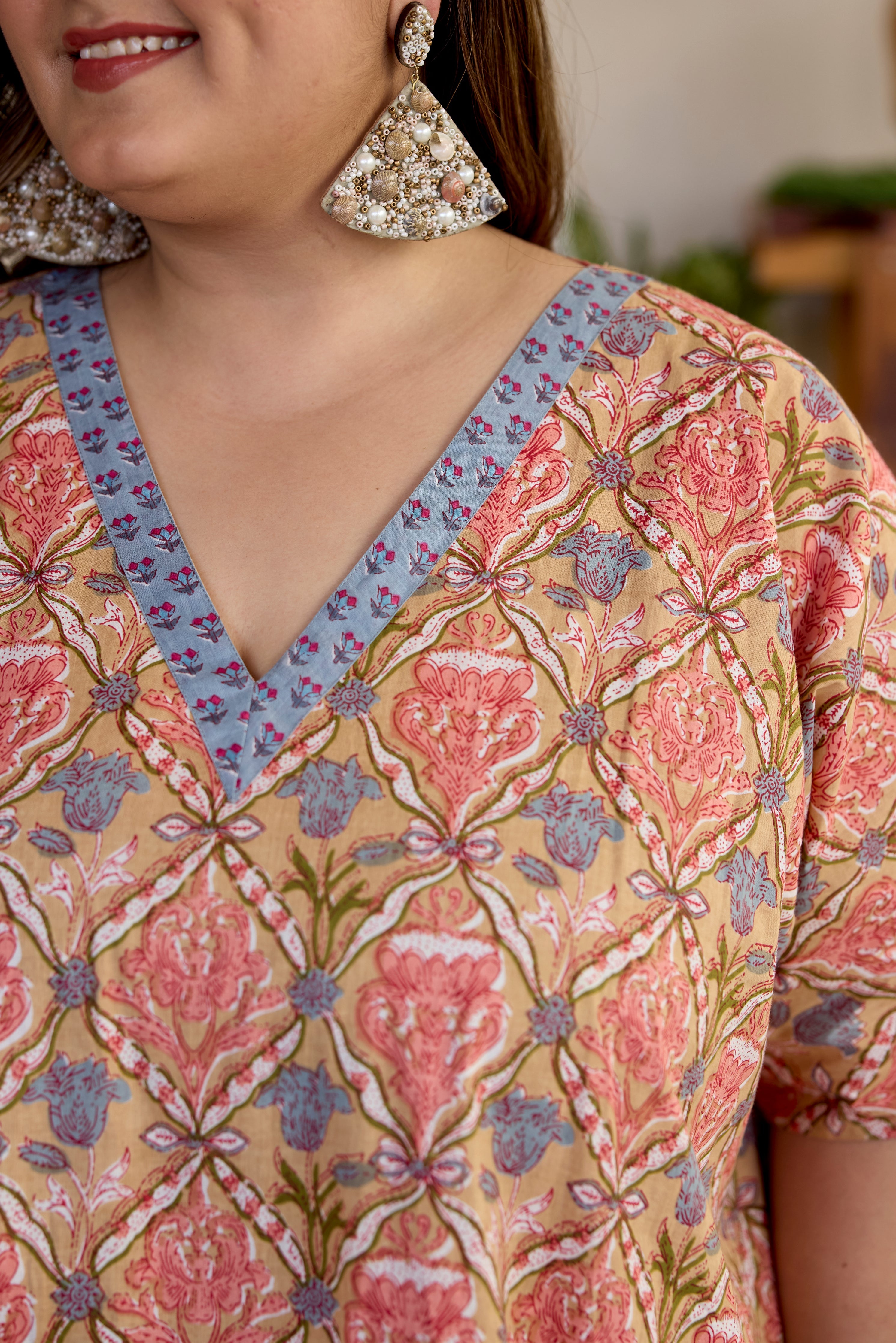 Women's Blush Block Print Cotton Relaxed Dress - Nangalia Ruchira