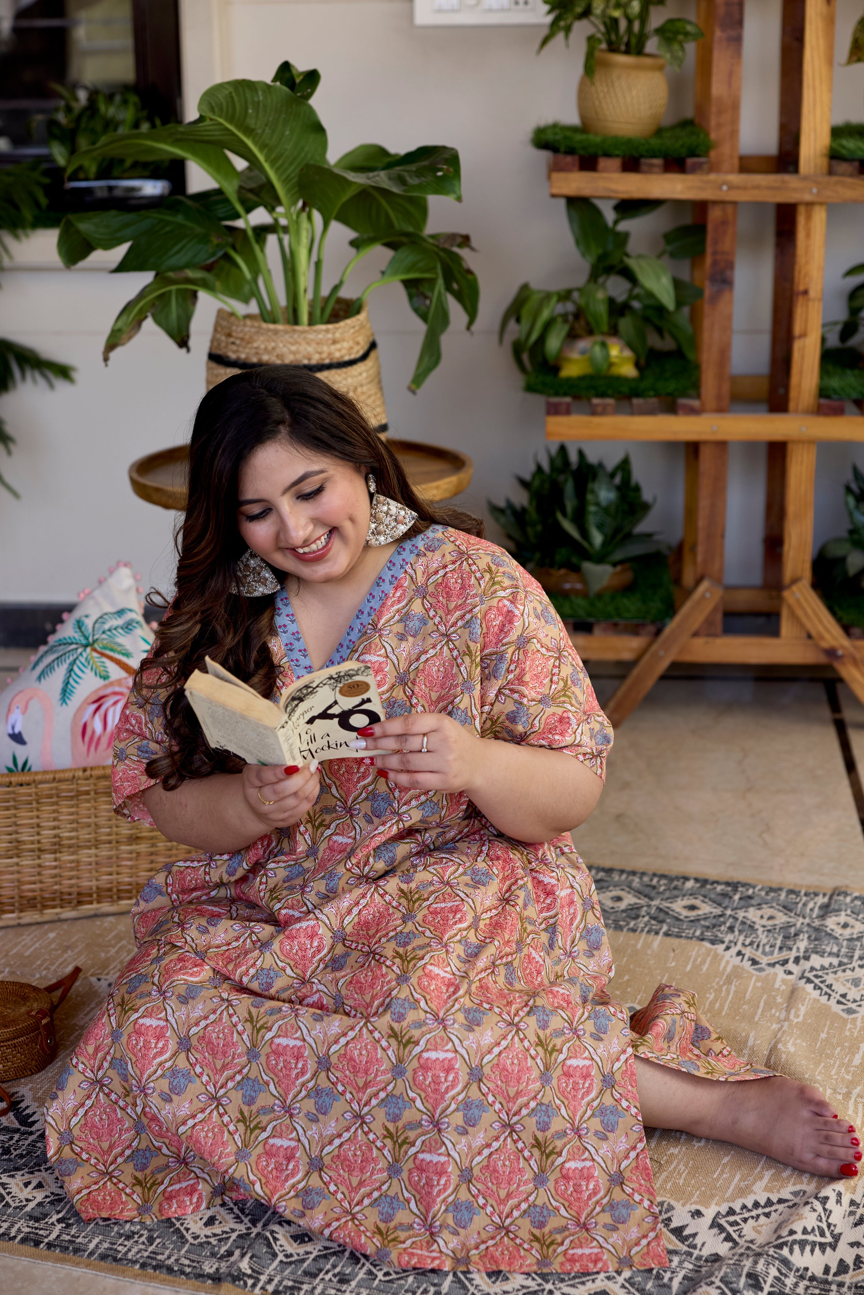 Women's Blush Block Print Cotton Relaxed Dress - Nangalia Ruchira