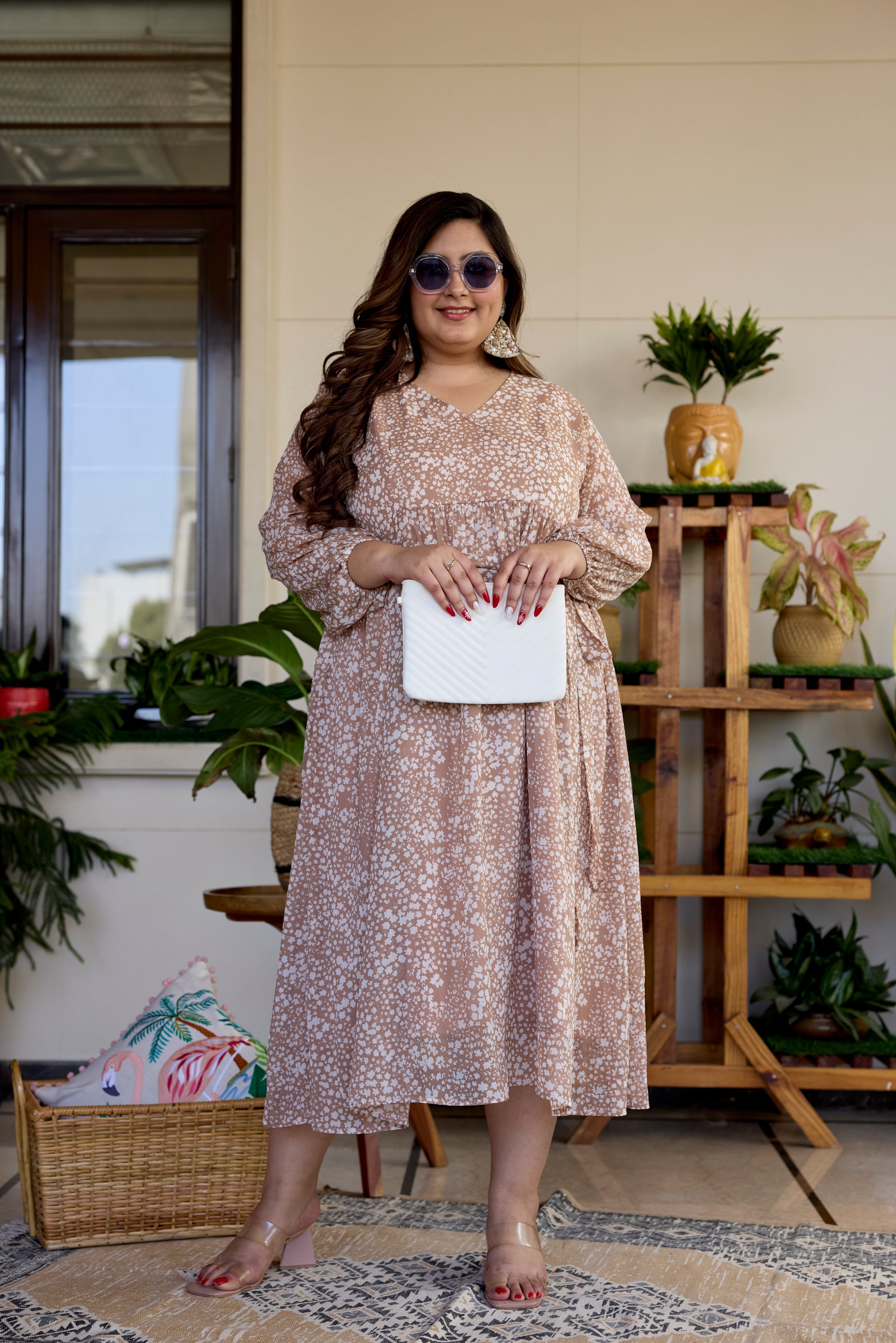 Women's Coffee Cream Printed V Neck Georgette Dress - Nangalia Ruchira