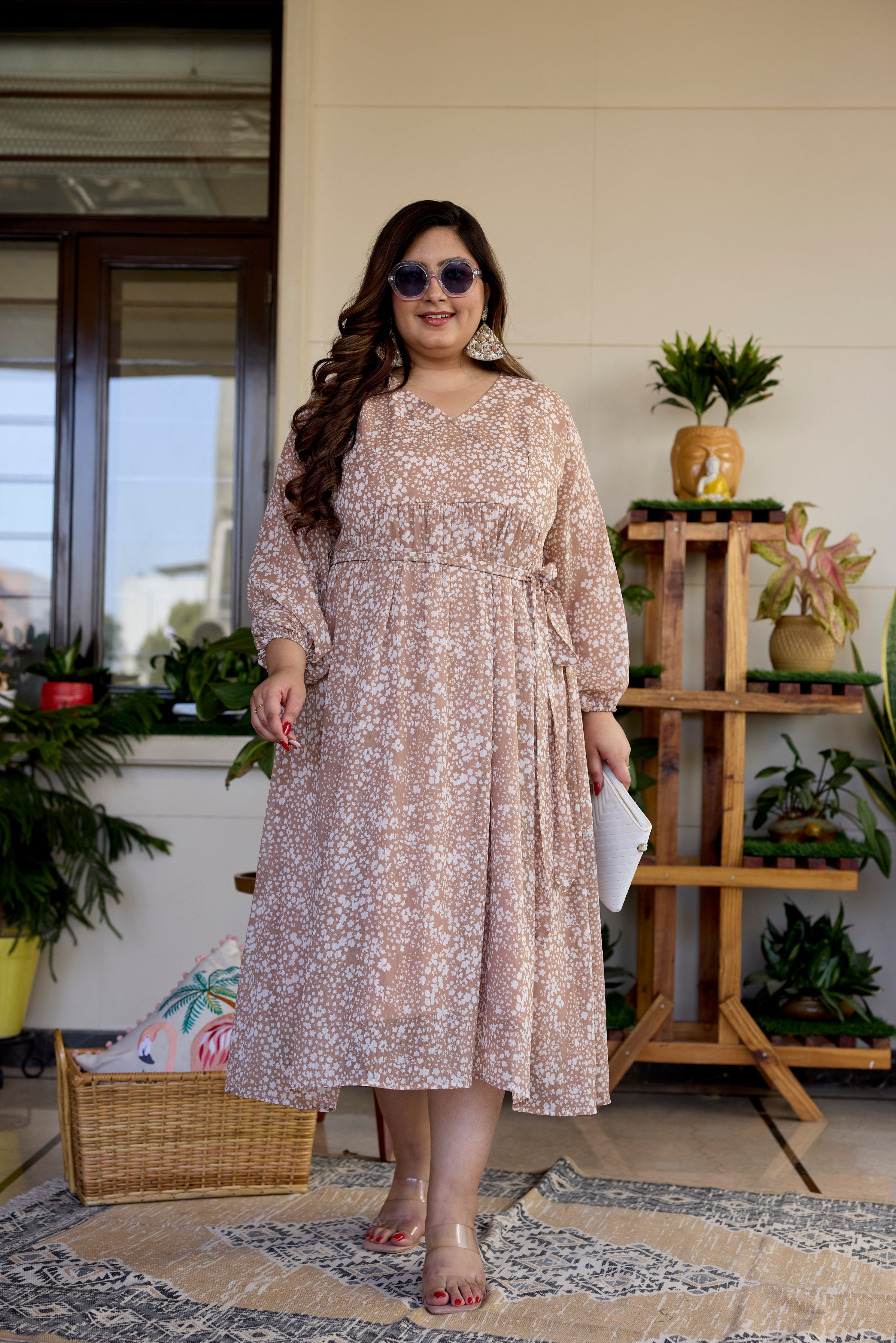 Women's Coffee Cream Printed V Neck Georgette Dress - Nangalia Ruchira