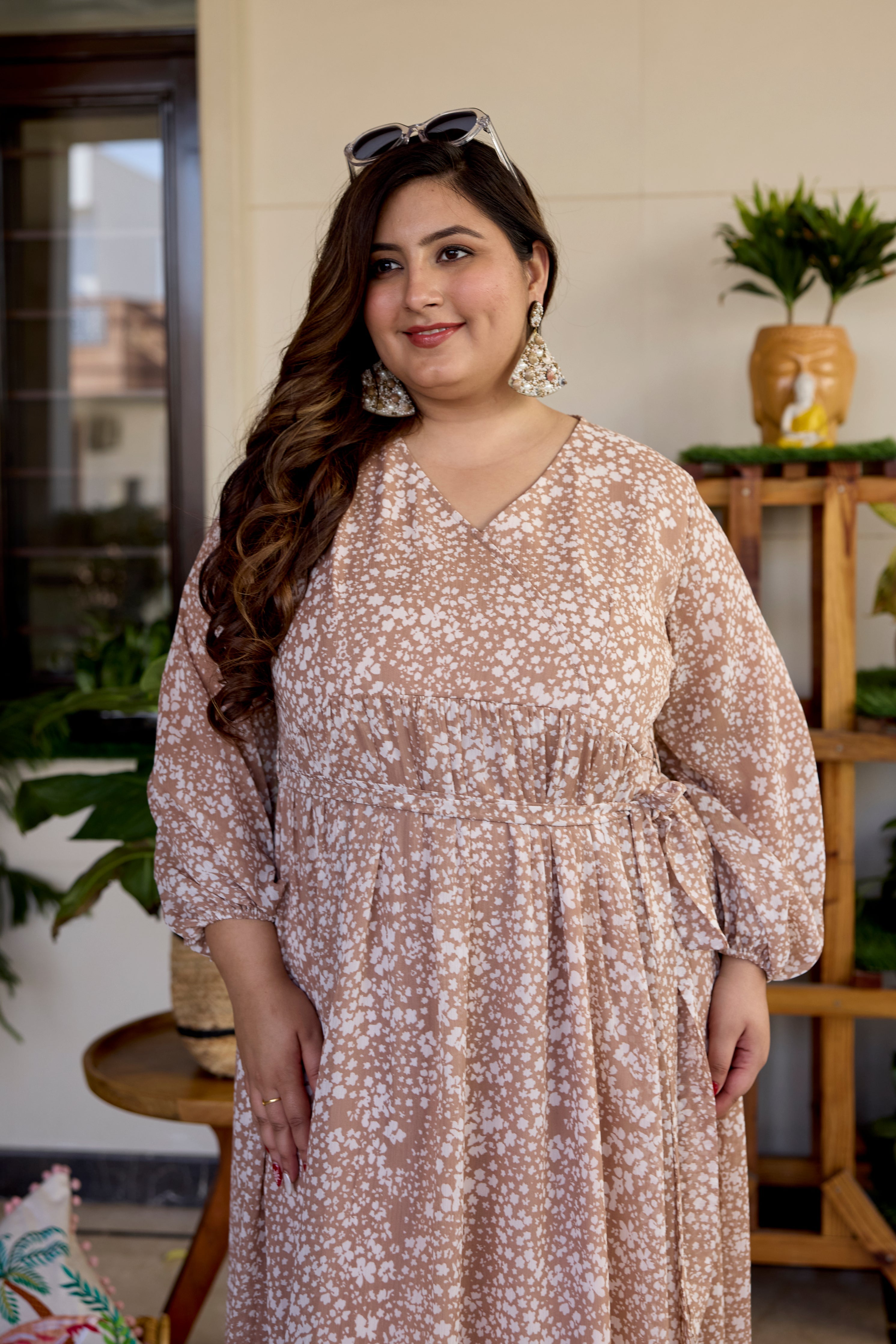 Women's Coffee Cream Printed V Neck Georgette Dress - Nangalia Ruchira