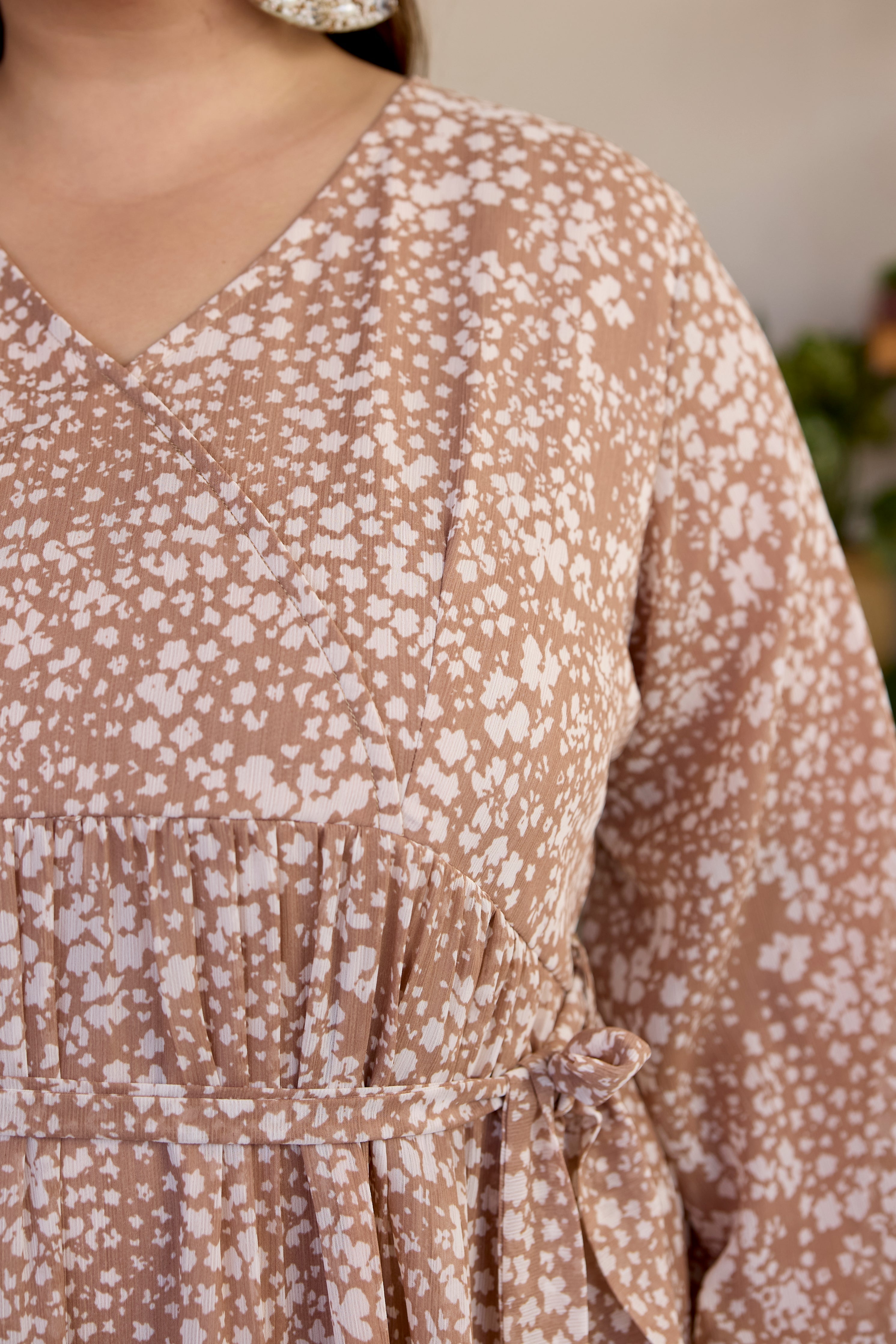 Women's Coffee Cream Printed V Neck Georgette Dress - Nangalia Ruchira