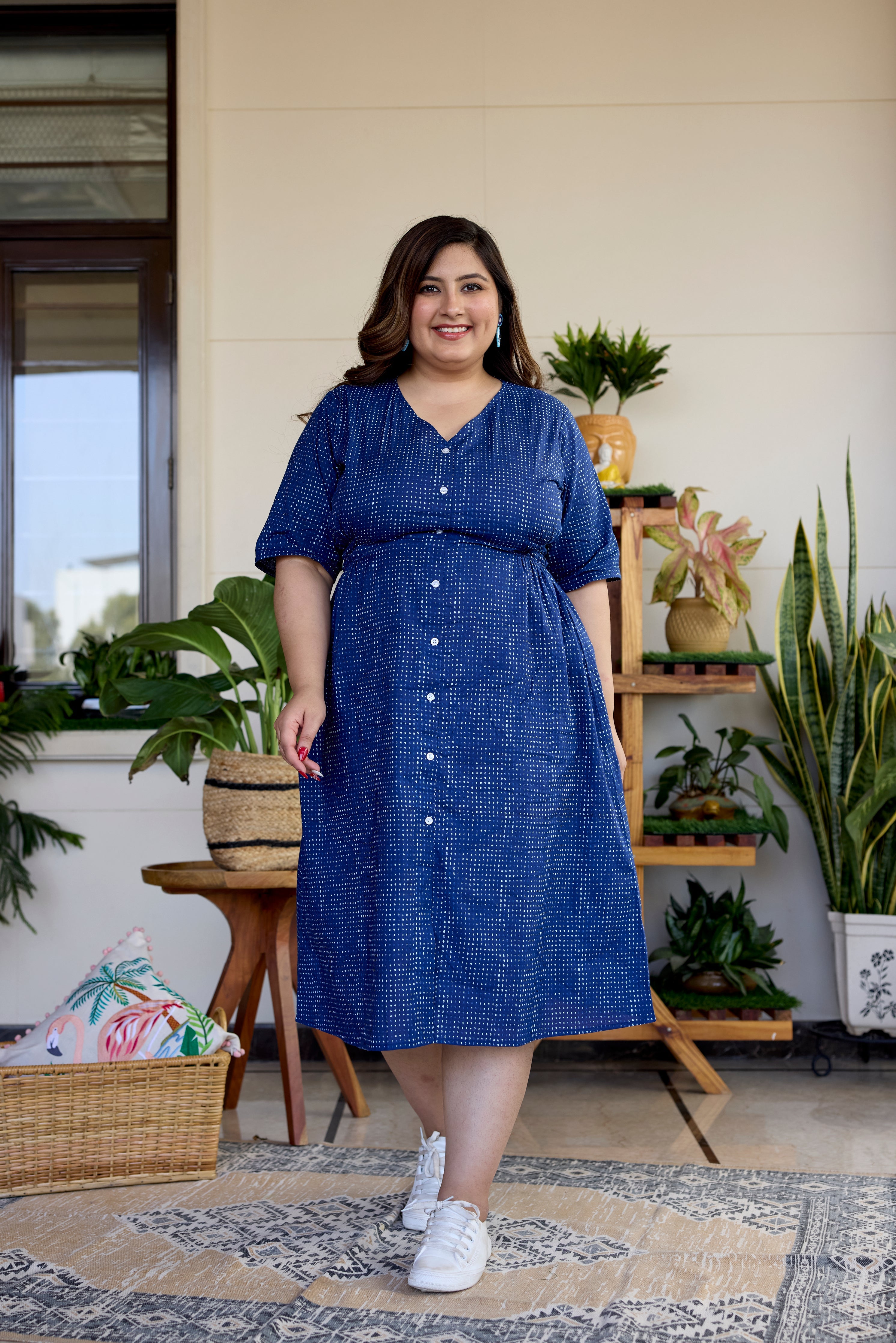 Women's Block Printed Indigo Blue Button Down Midi Dress - Nangalia Ruchira