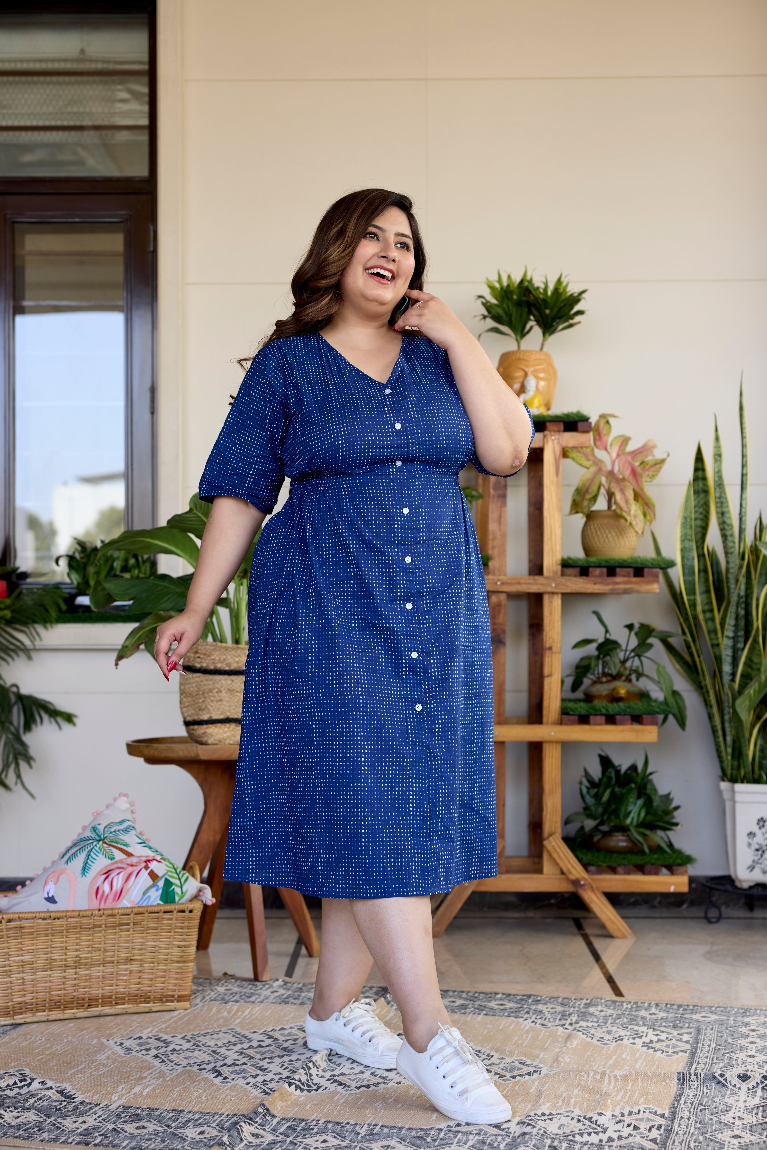 Women's Block Printed Indigo Blue Button Down Midi Dress - Nangalia Ruchira