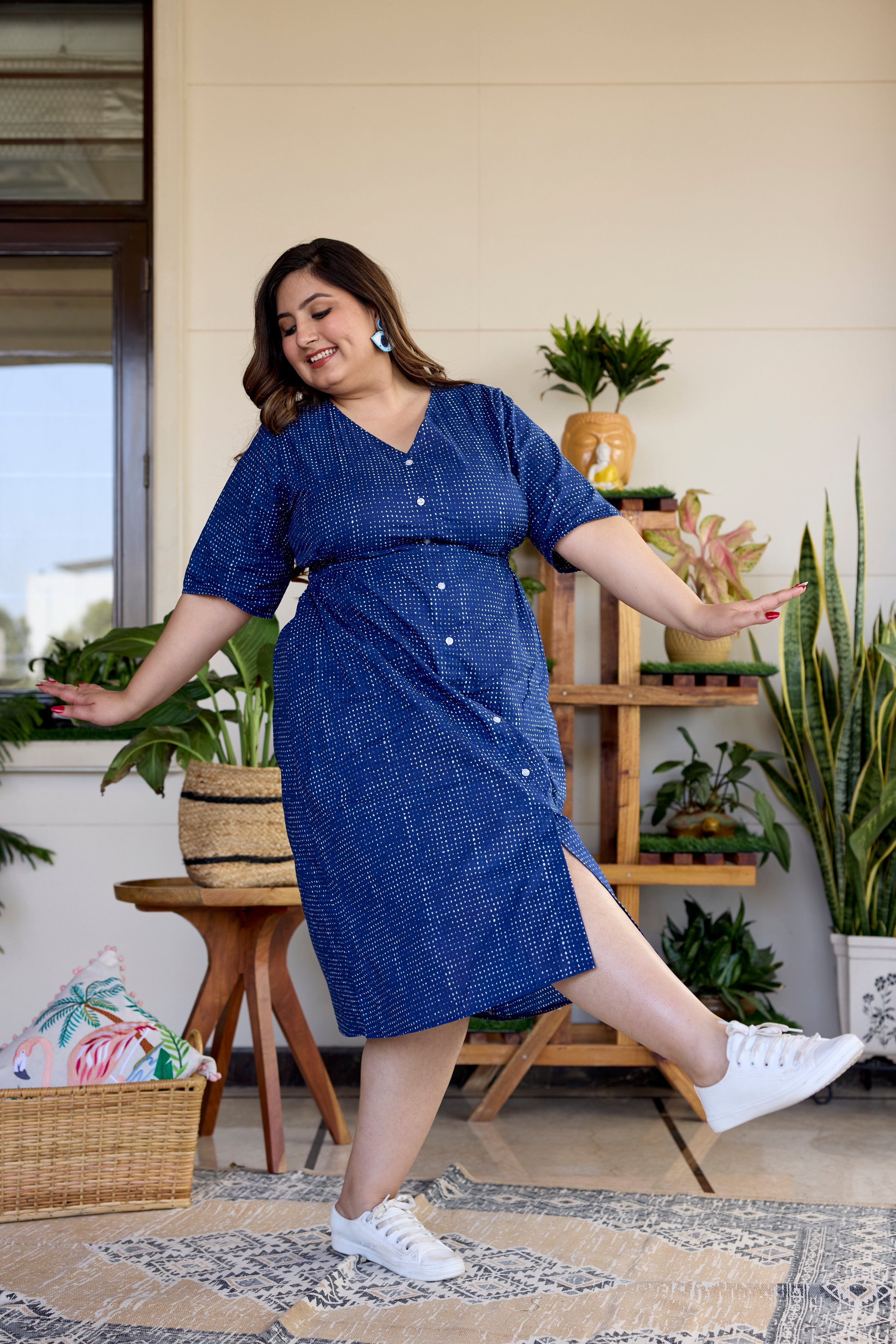 Women's Block Printed Indigo Blue Button Down Midi Dress - Nangalia Ruchira