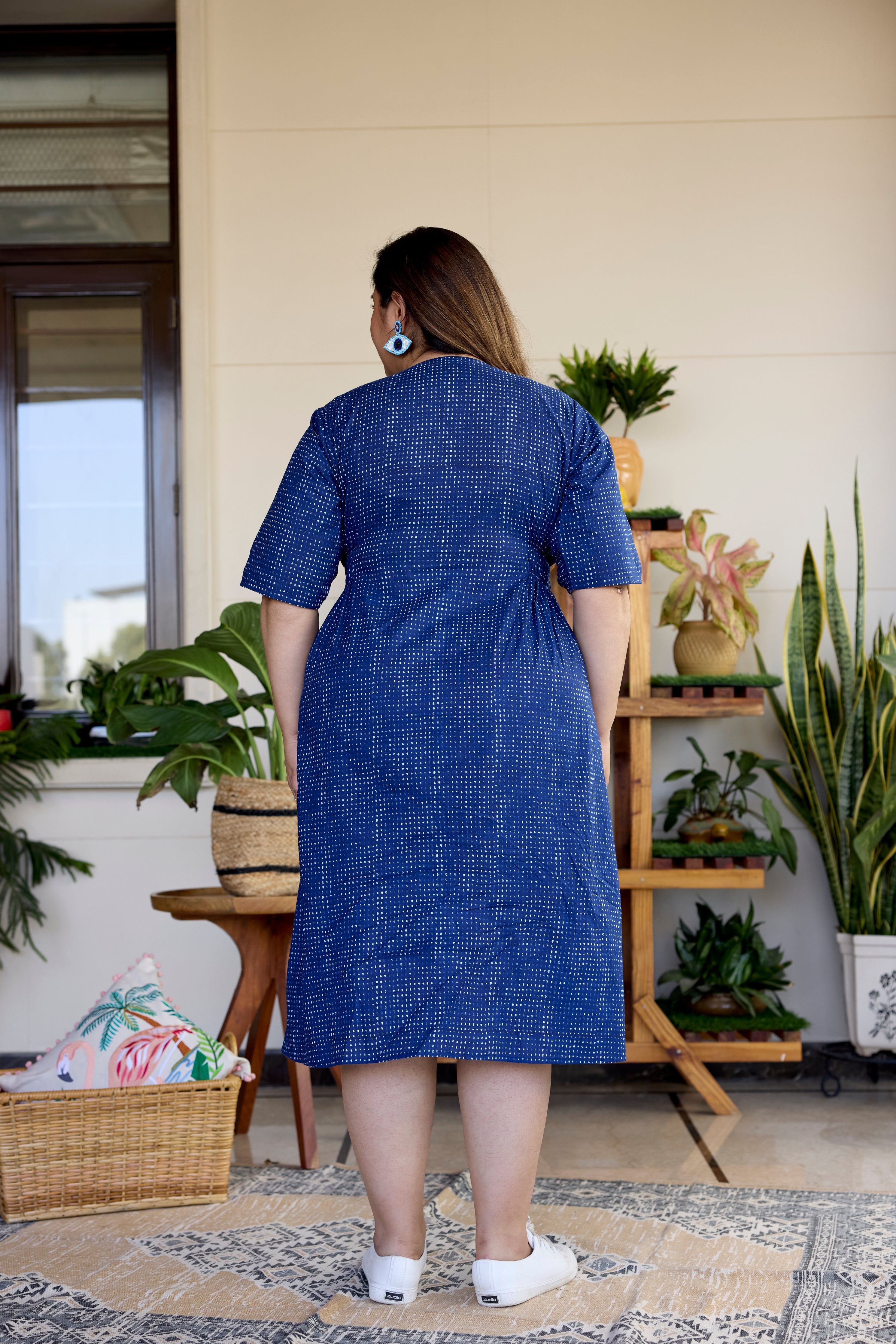 Women's Block Printed Indigo Blue Button Down Midi Dress - Nangalia Ruchira