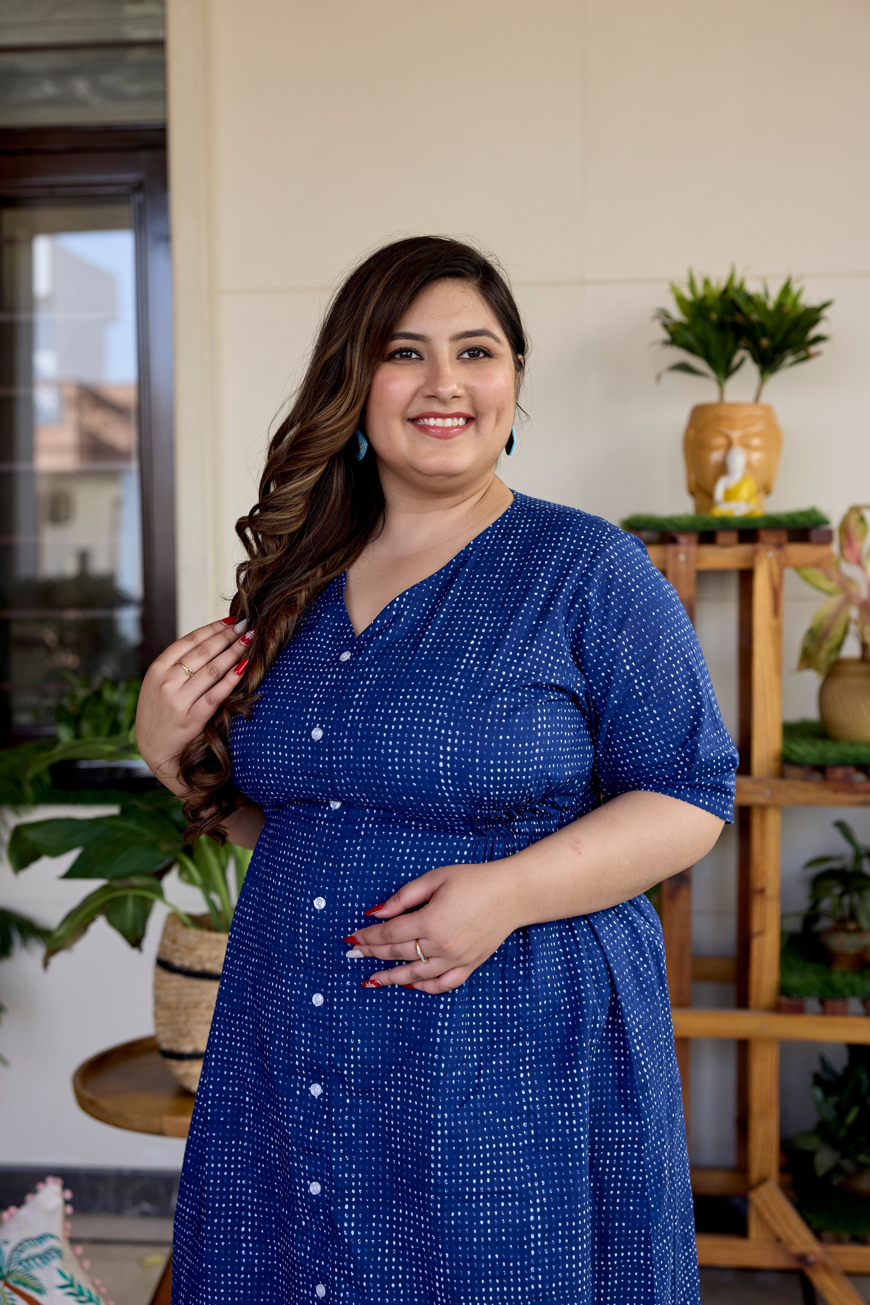 Women's Block Printed Indigo Blue Button Down Midi Dress - Nangalia Ruchira