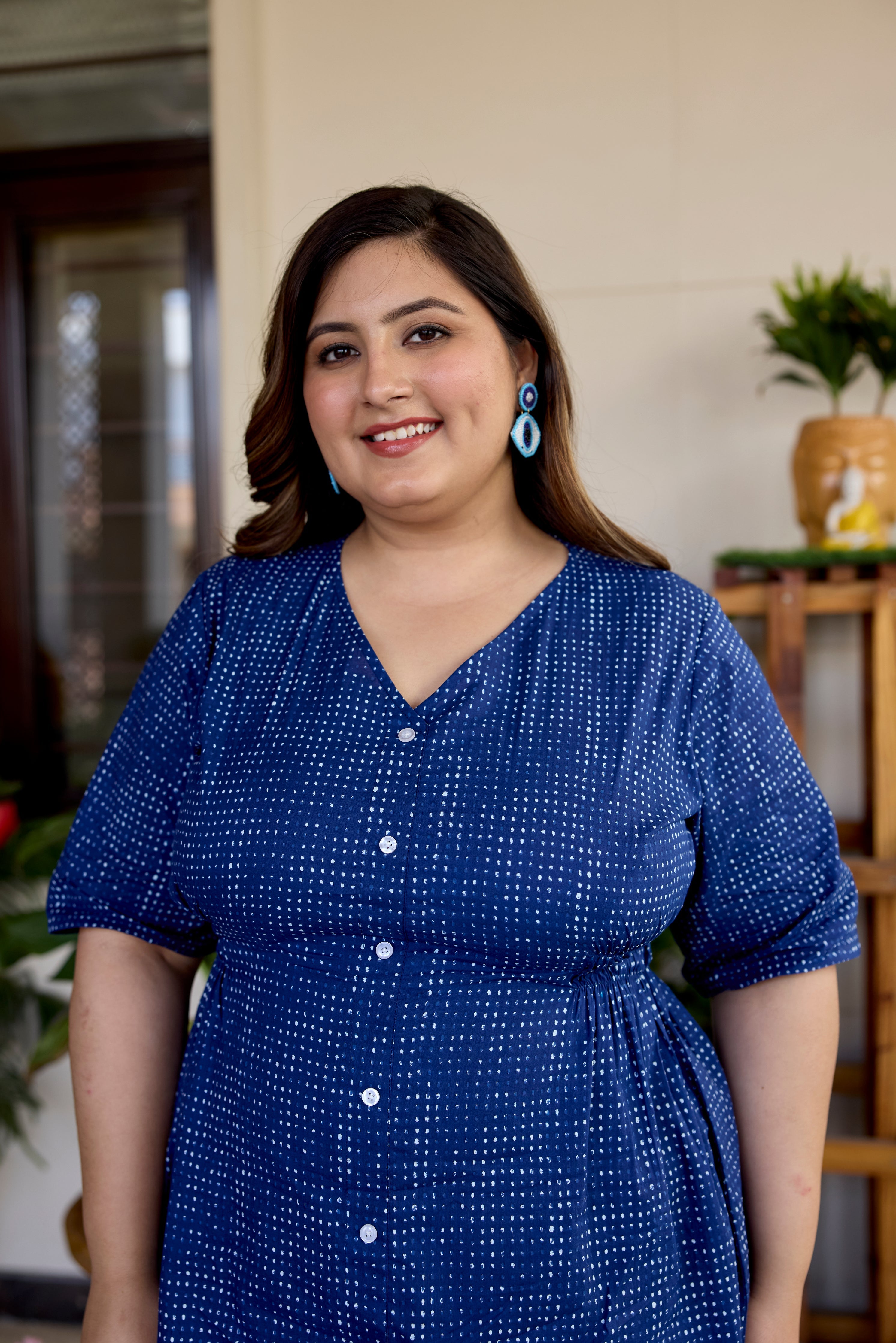 Women's Block Printed Indigo Blue Button Down Midi Dress - Nangalia Ruchira