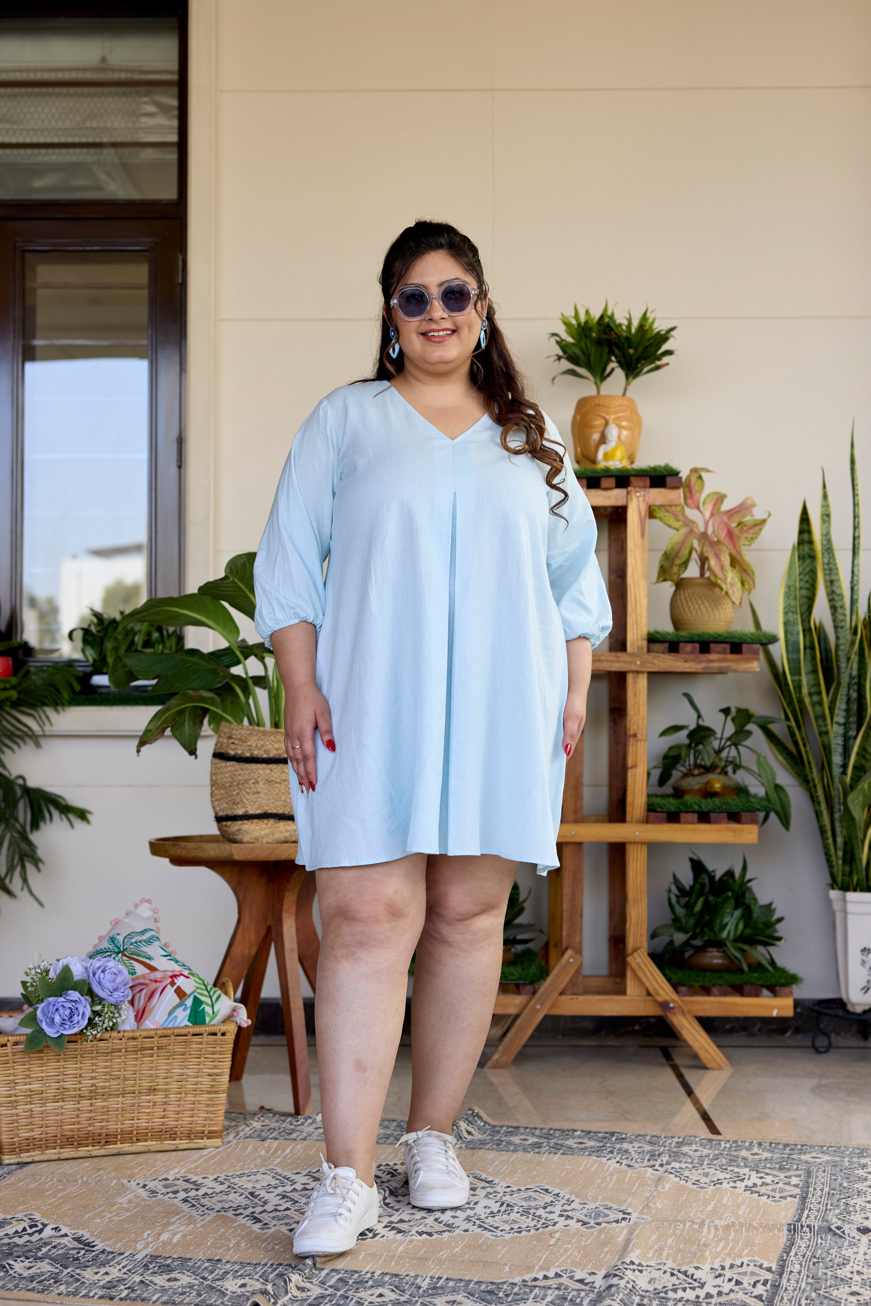 Women's Powder Blue Short Linen Dress - Nangalia Ruchira