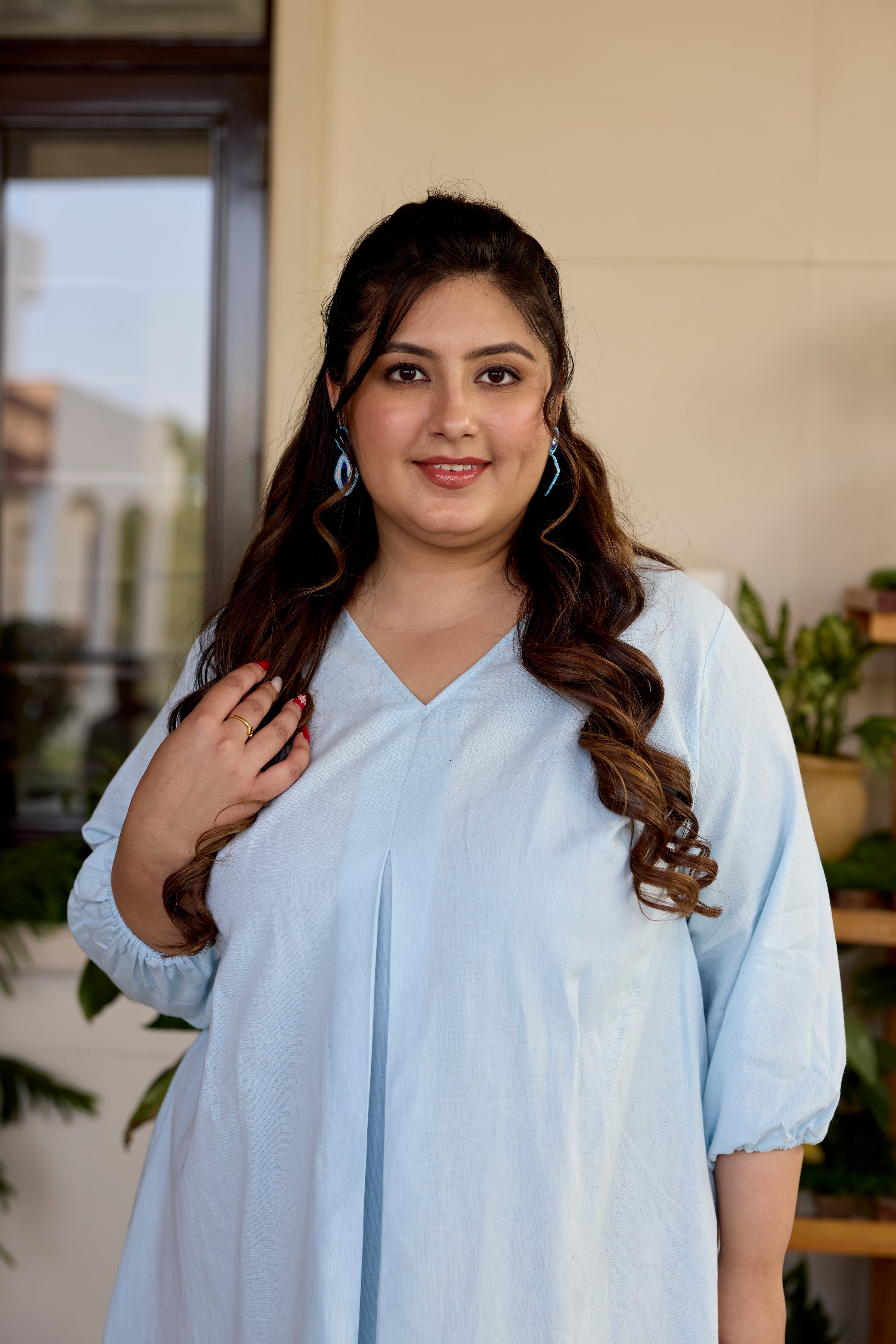 Women's Powder Blue Short Linen Dress - Nangalia Ruchira