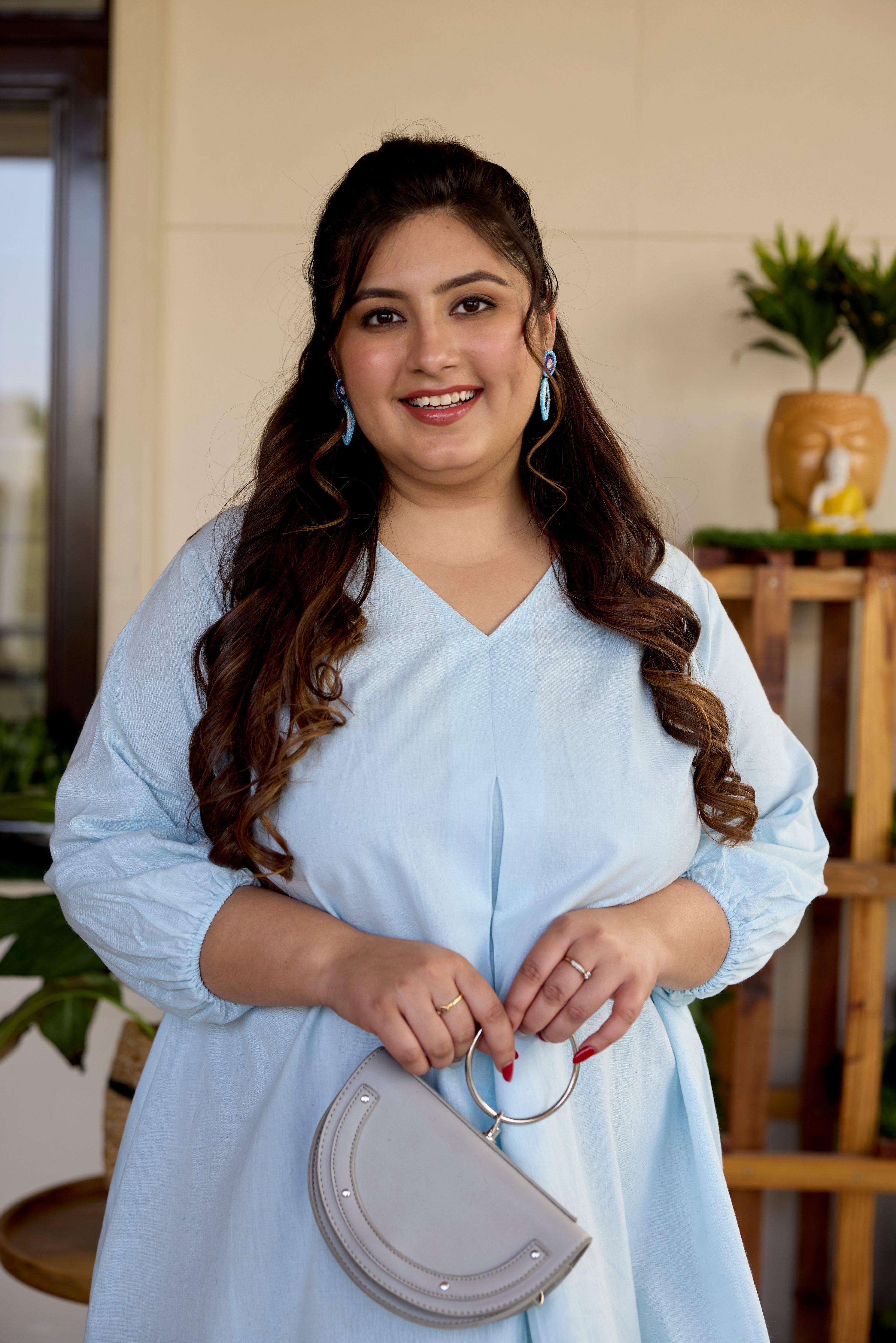 Women's Powder Blue Short Linen Dress - Nangalia Ruchira