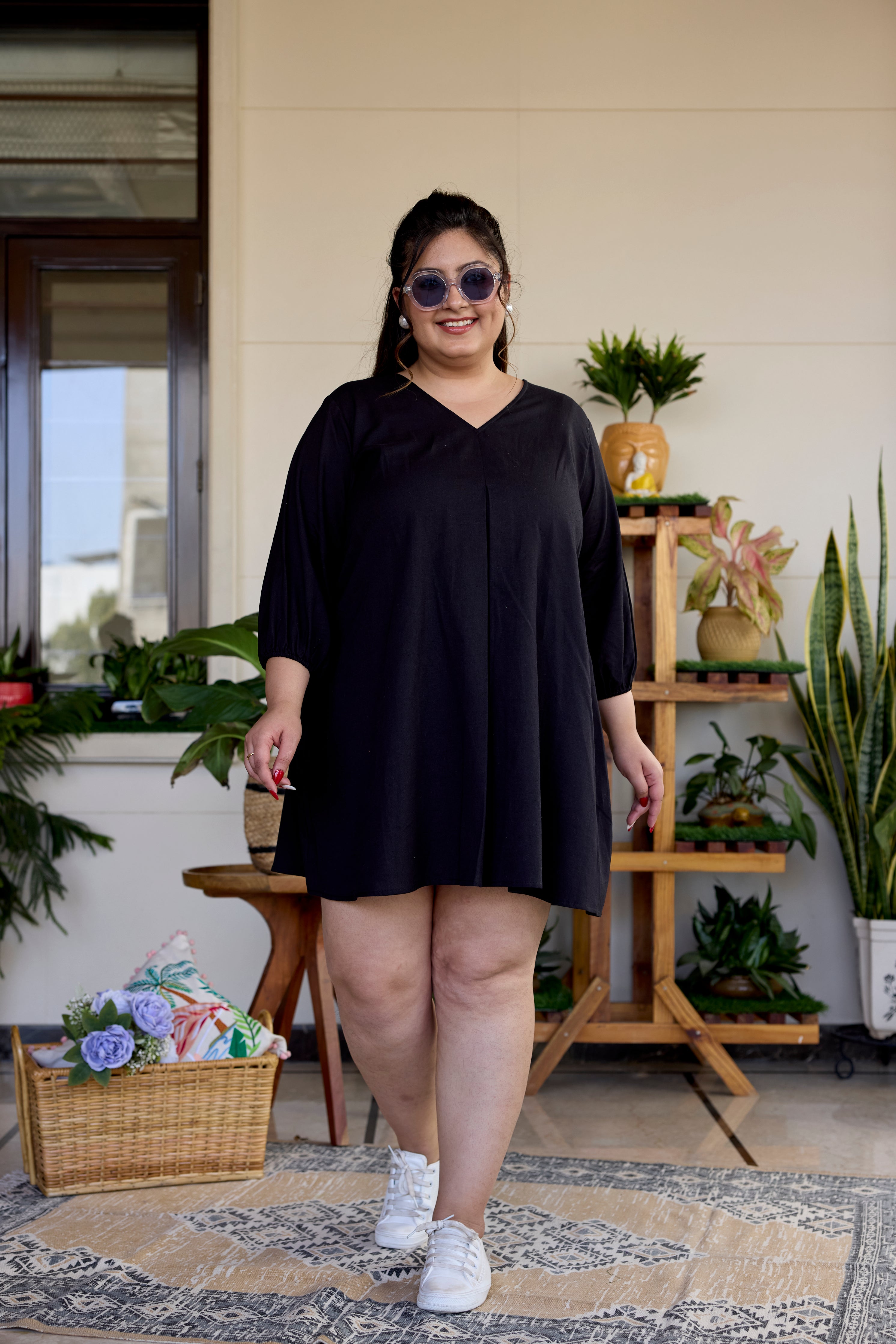 Women's Pitch Black Short Linen Dress - Nangalia Ruchira