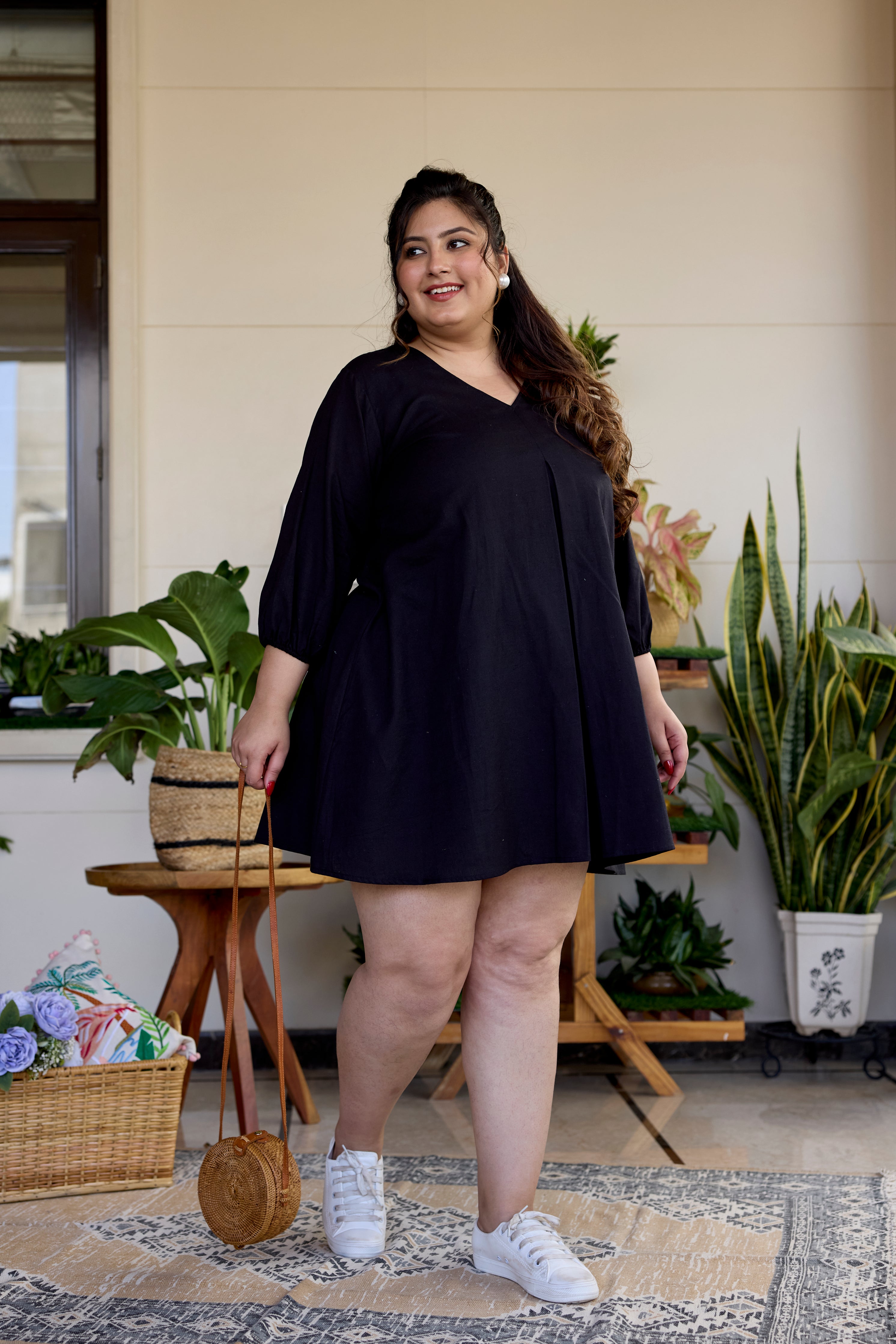 Women's Pitch Black Short Linen Dress - Nangalia Ruchira