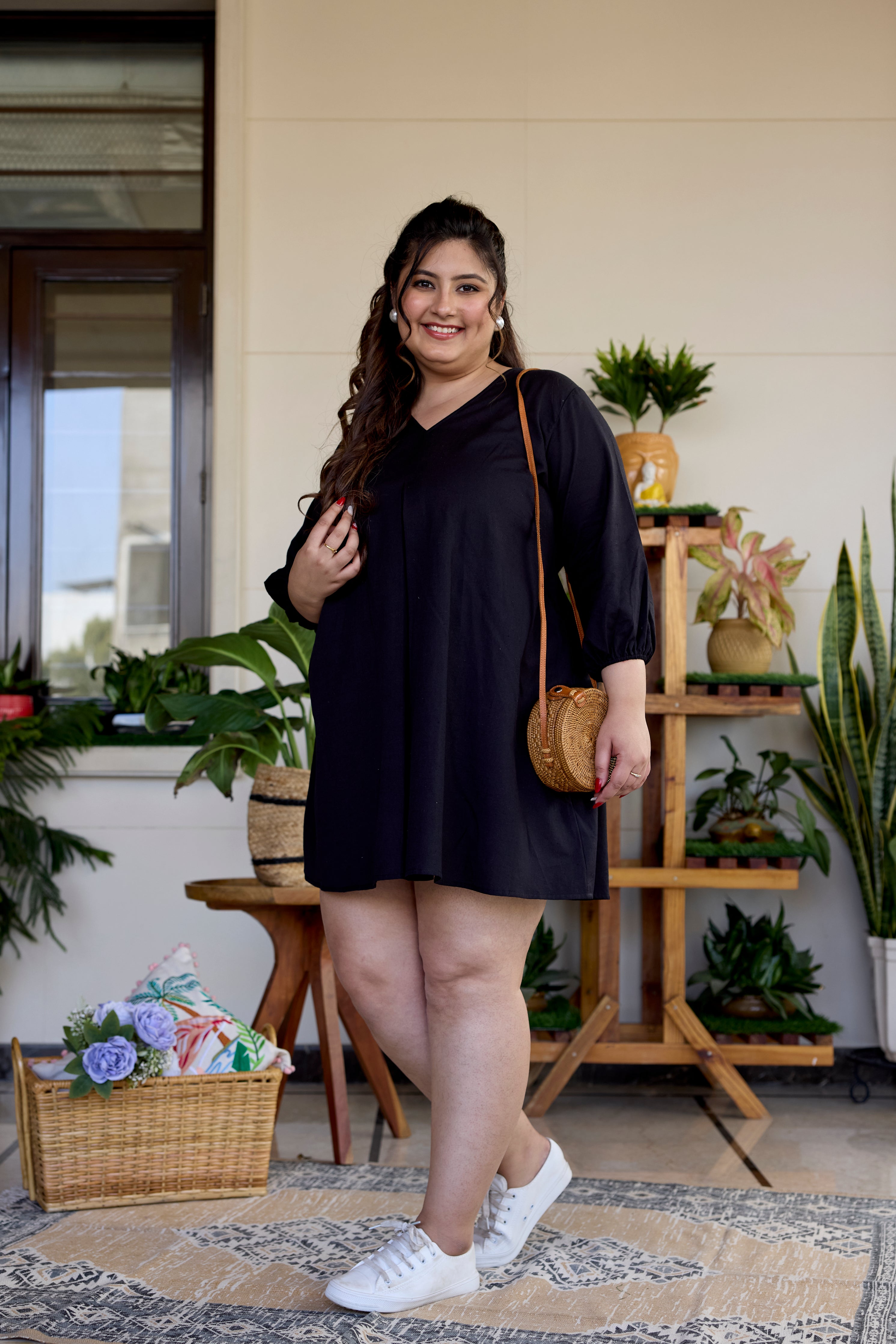 Women's Pitch Black Short Linen Dress - Nangalia Ruchira